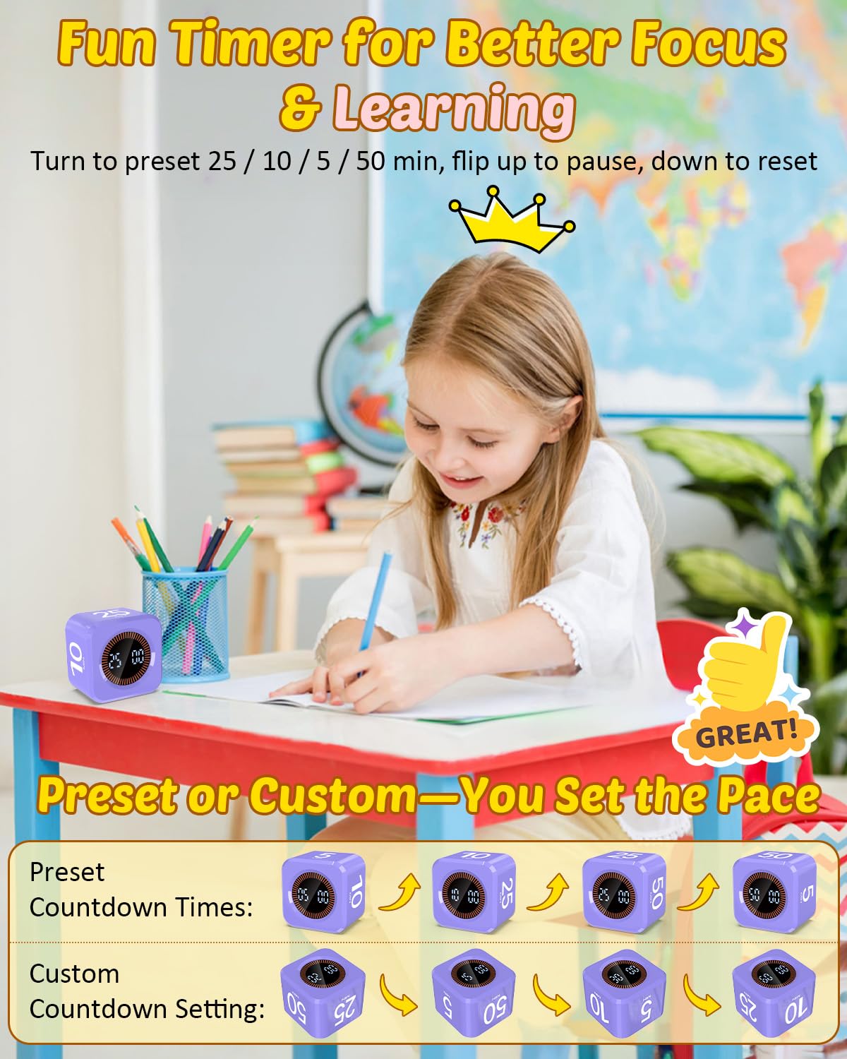 COWVTUJ Digital Pomodoro Timer Cube 5/10/25/50min, Visual Productivity Flip Timer for Kids Classroom Desk, Custom Countdown, Silent and Sound Mode for ADHD Study Work Game Kitchen (Purple)