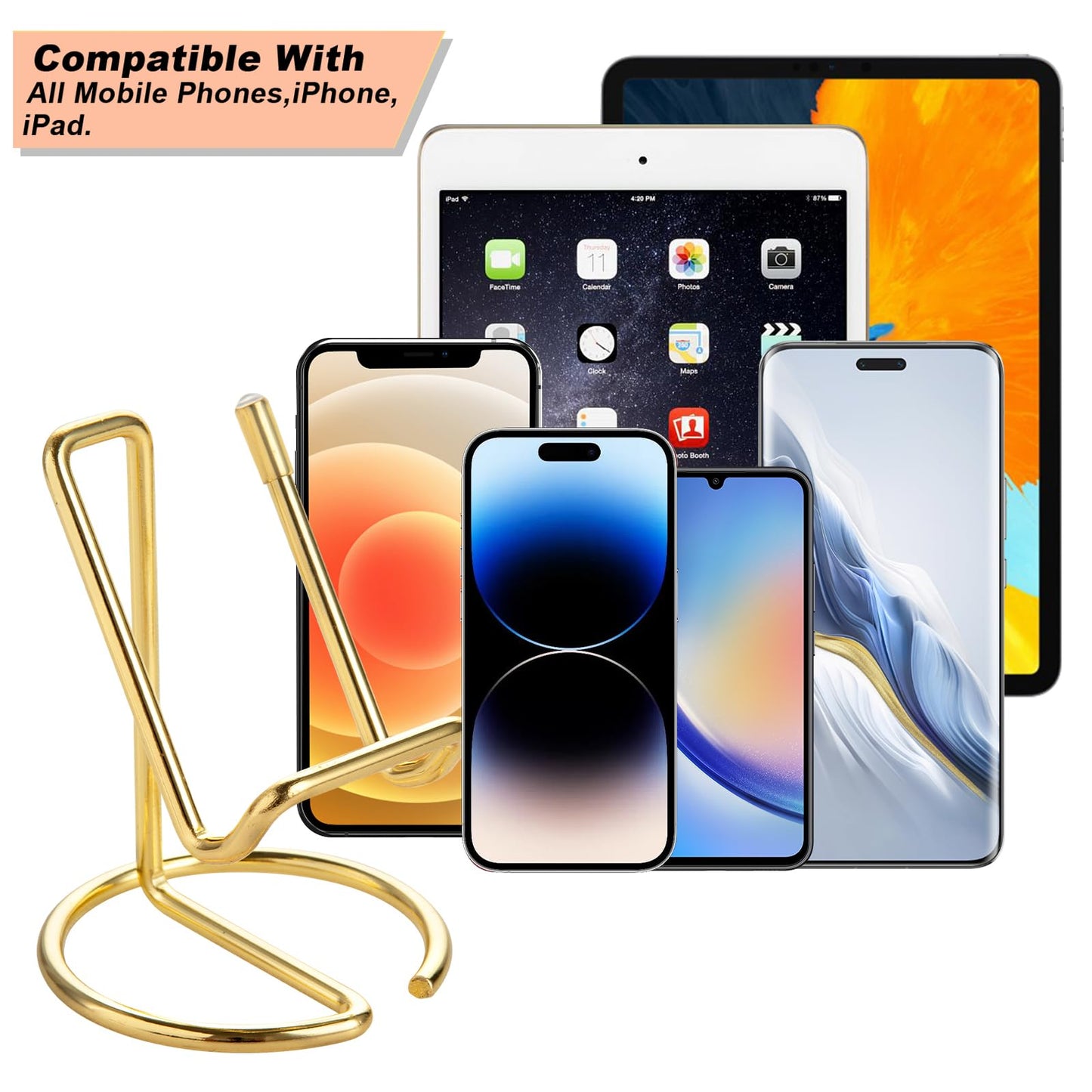 ROPOSY Cell Phone Stand for Desk, Cute Metal Gold Cell Phone Stand Holder Desk Accessories, Compatible with All Mobile Phones, iPhone, iPad