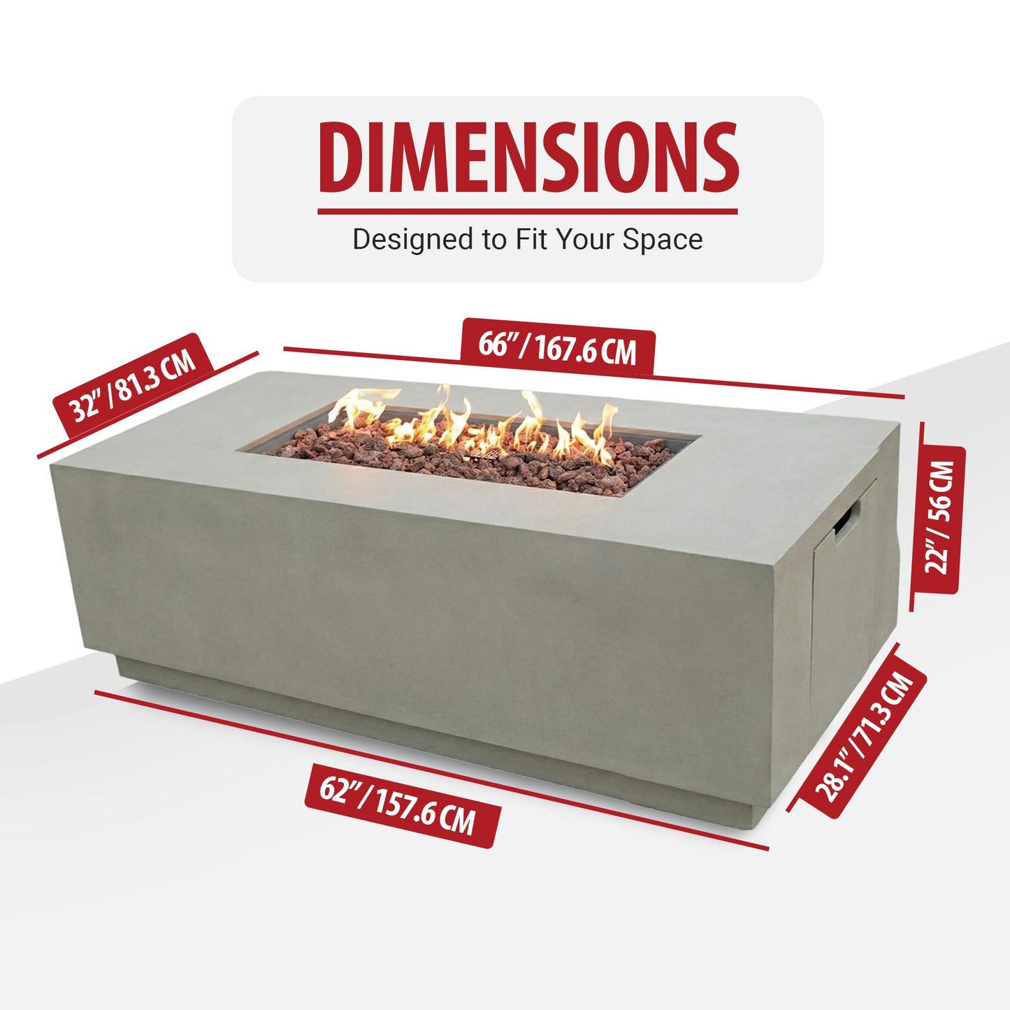 AMS Fireplace Genuine Concrete Rectangular Propane Fire Pit Table for Outside Patio (66" Sedona) | Hidden Tank Drawer & Electronic Ignition | w/Bonus Ice Bucket and Rubber Mat (Light Gray)