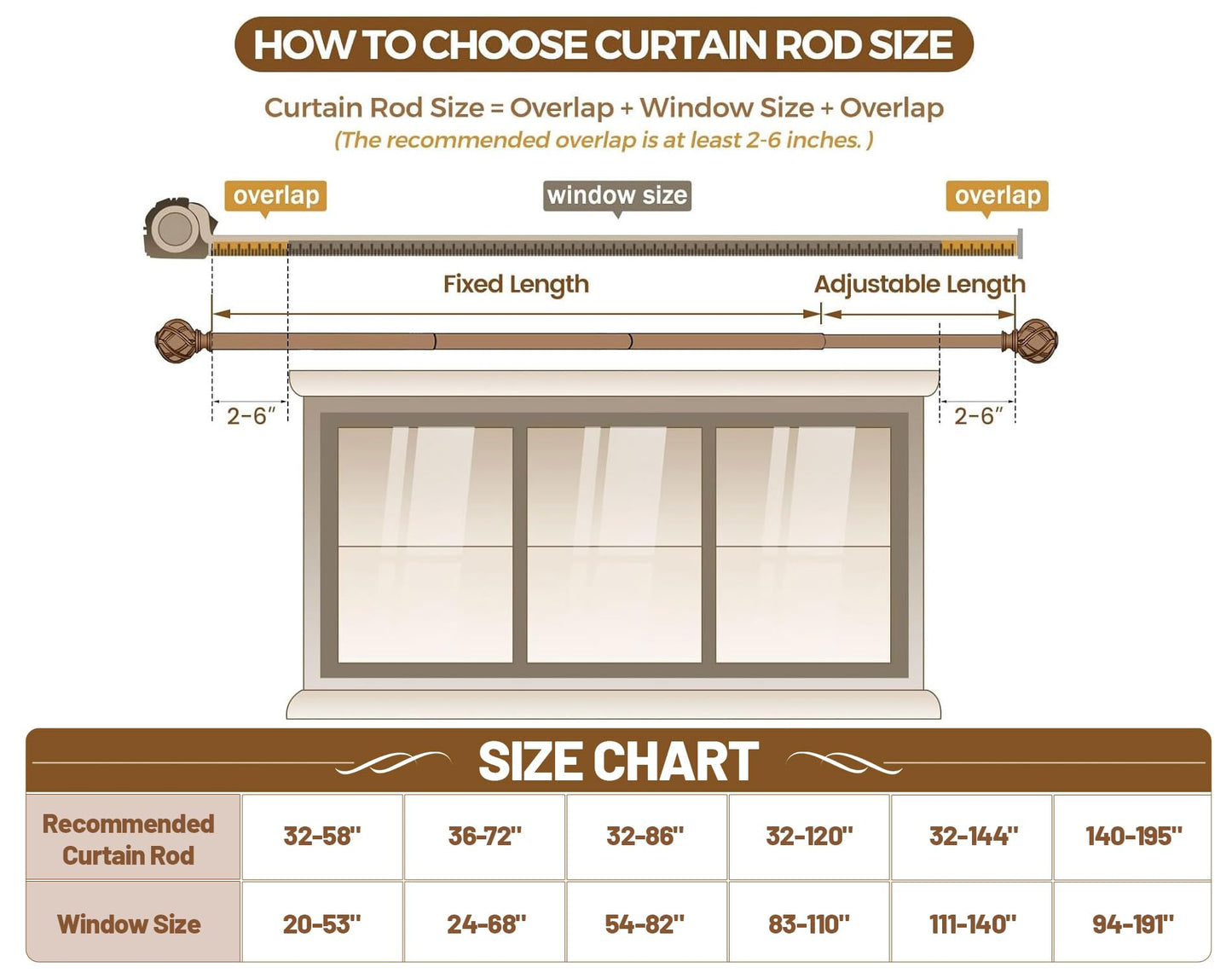 KAMANINA Bronze Curtain Rods for Windows 72 to 144 Inches (6-12ft), 1 Inch Long Curtain Rod 32 to 144, Heavy Duty Decorative Single Drapery Rods, Twisted Cage End