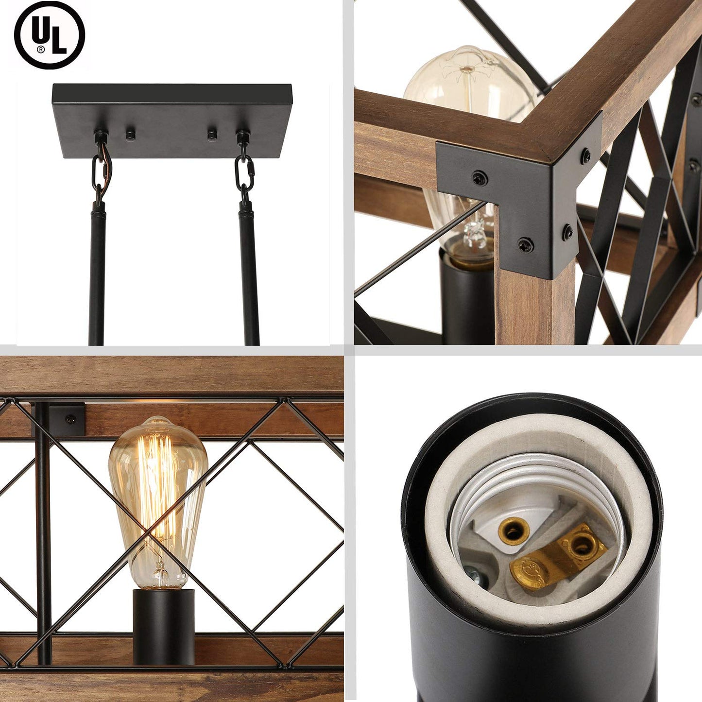 Giluta Rectangle Wood Chandelier Farmhouse Style Dining Room Kitchen Lighting Fixtures, 5 Lights Ceiling Hanging Pendant Lighting UL Listed