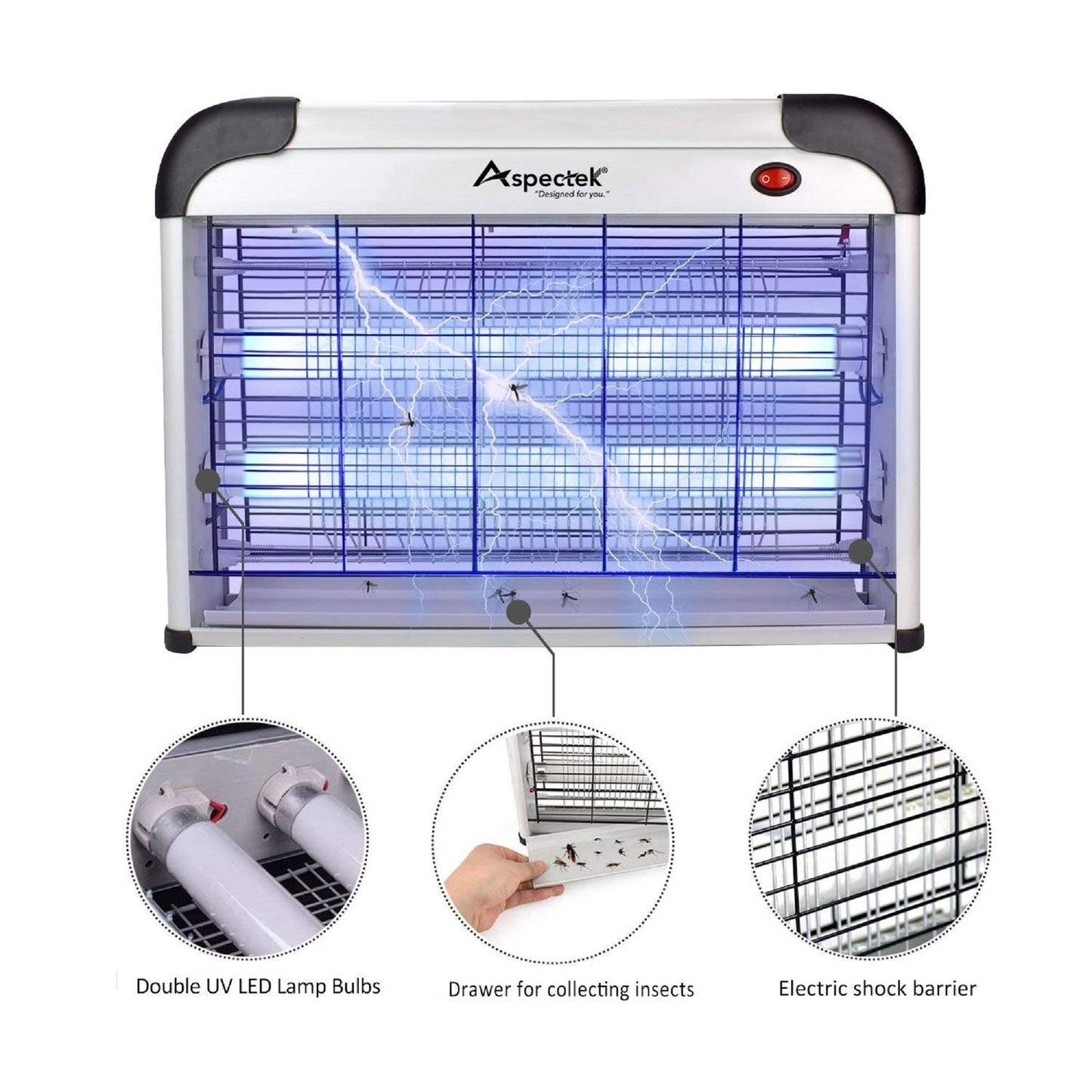 ASPECTEK Insect Killer, Bug Zapper, Powerful 20W Electronic Indoor Fly Zapper for Mosquito, Fungus Gnat, Asian Beetle, Moth, Flying Pests - Indoor Use, Includes 2-Pack Replacement Bulbs