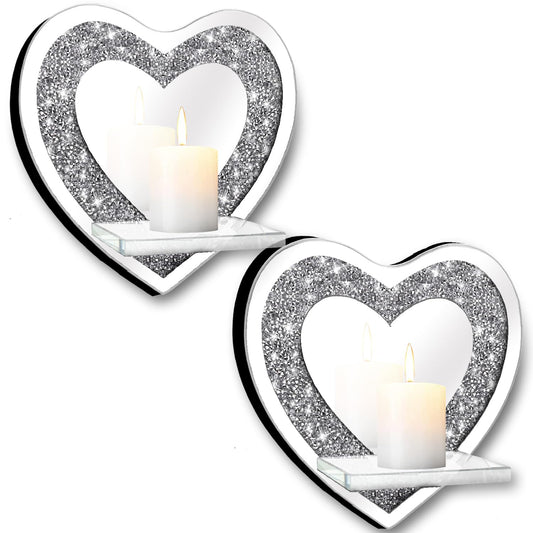 ZOLAPI Set of 2 Crystal Crush Diamond Candle Sconces, Gorgeous Silver Mirrored Wall Sconce, Candle Holder Glass Wall Decorations for Home Décor, Living Room, Dining Room.Heart Shaped