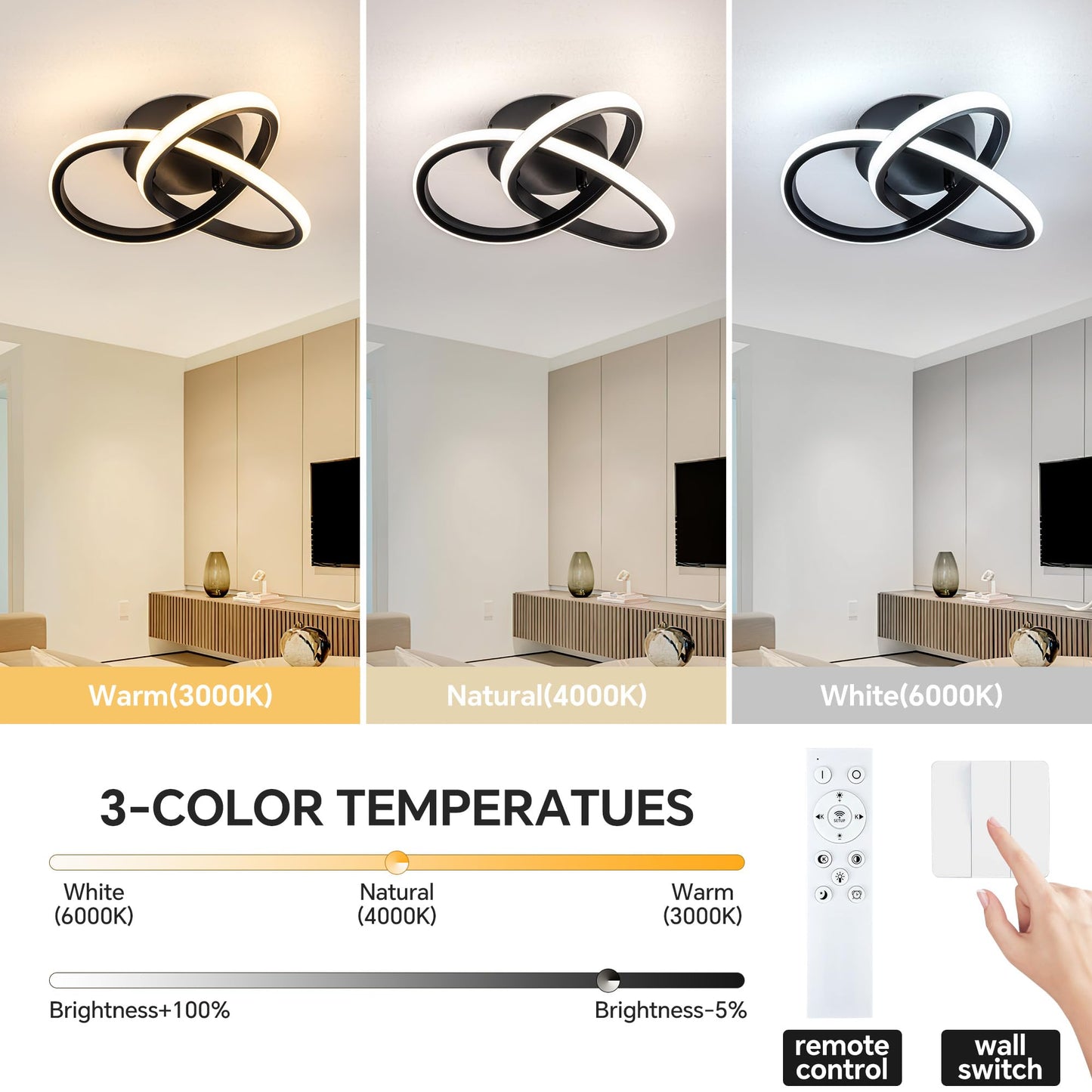 TIAZFCA 10 Inch Modern Ceiling Light, 24W LED Dimmable Ceiling Light with Remote Control, 3000-6000K Color Temperature Adjustable, Black Small Chandelier for Bedroom, Entryway, Hallway, Kitchen