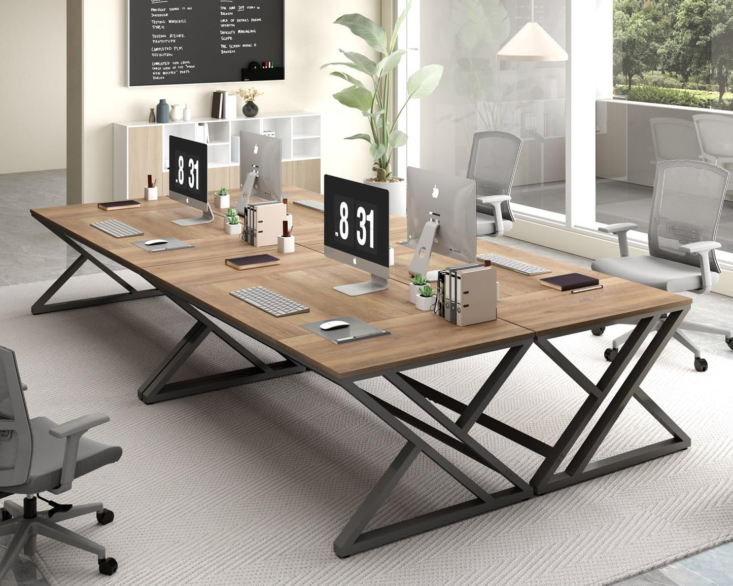 HSH Rustic Long Computer Desk, Industrial Large Wood Metal Office Table, Writing Work Study Station, Farmhouse Workstation Gaming Executive for 2 Person, Rustic Oak, 70 Inch