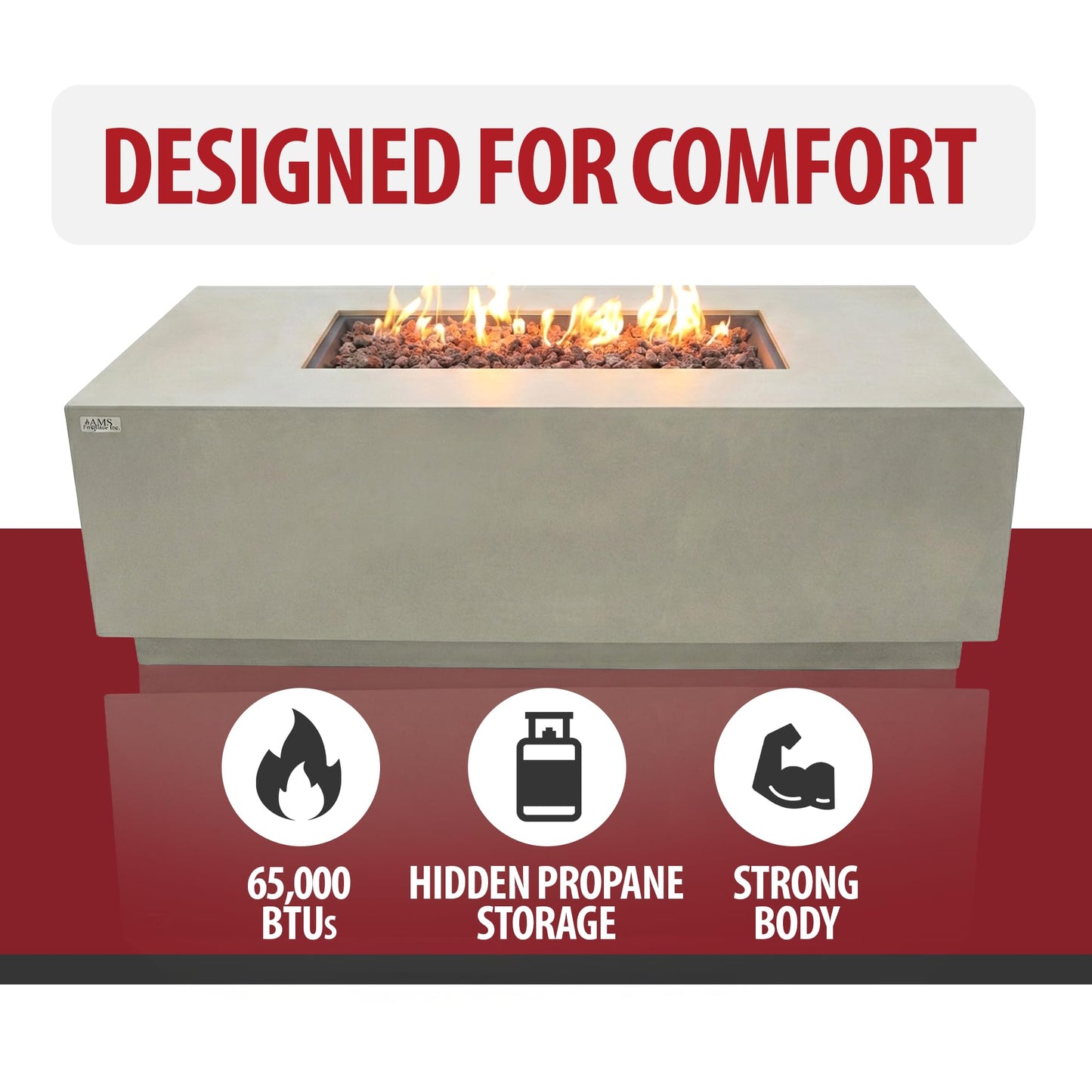 AMS Fireplace Genuine Concrete Rectangular Propane Fire Pit Table for Outside Patio (66" Sedona) | Hidden Tank Drawer & Electronic Ignition | w/Bonus Ice Bucket and Rubber Mat (Light Gray)