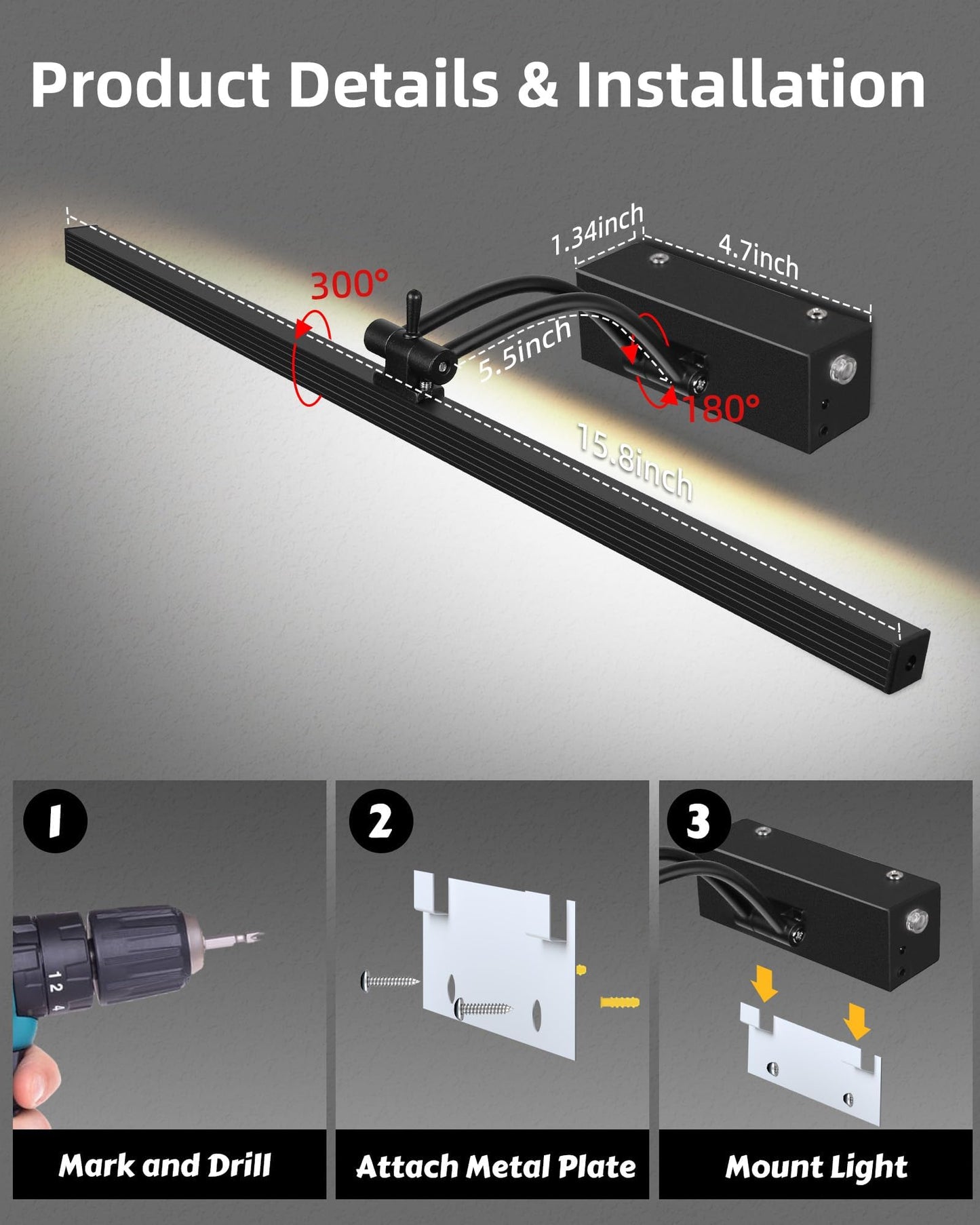 4 Pack Rechargeable Picture Light, 5200mAh Black Battery Operated Picture Lights for Wall with Remote Control, 300LM 3000K Warm White Light 16" Metal Dimmable Picture Light for Painting & Artwork