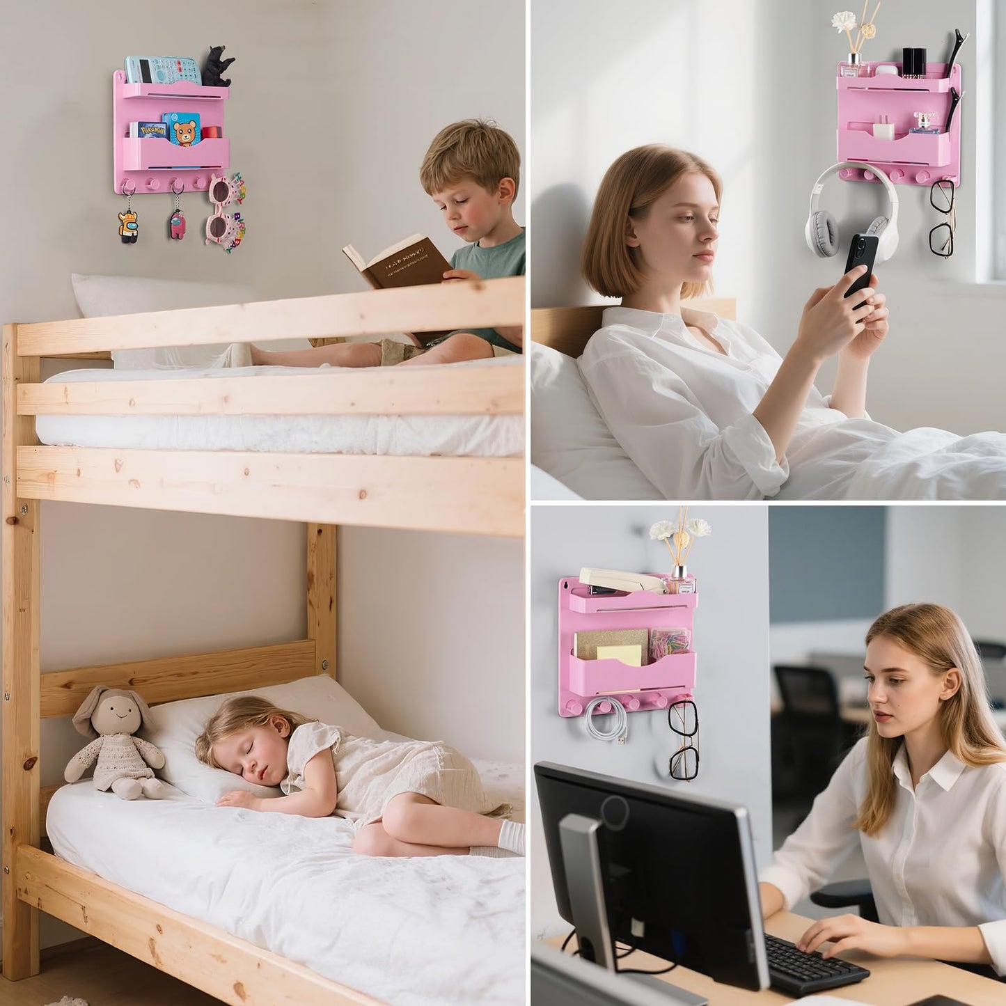 JUMEIHUI Pink Bedside Shelf Organizer - Wall Mount Phone Holder with Glasses Hook & 50 Motivational Stickers for Girls Bedroom Dorm Decor