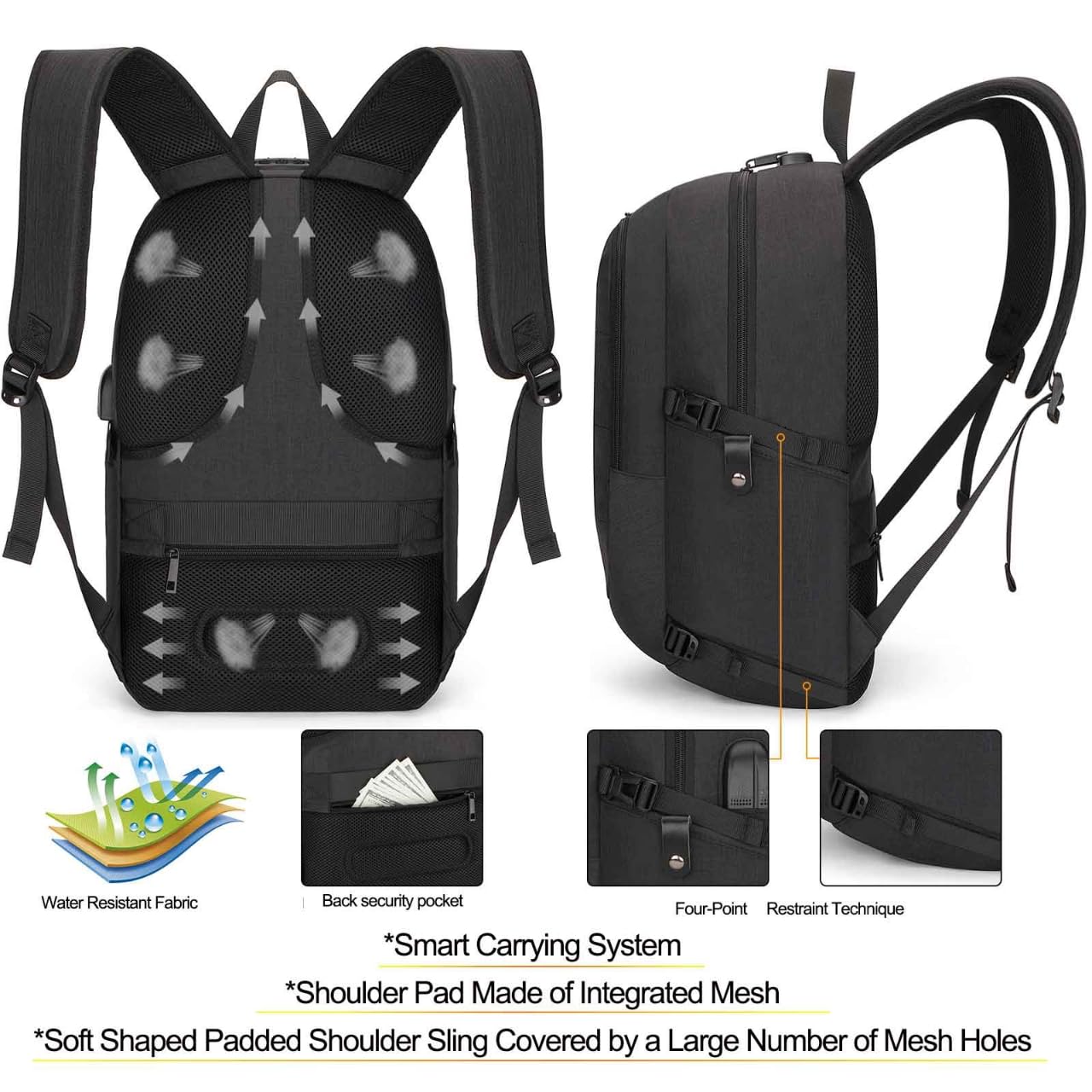 Tzowla Travel Laptop Backpack Water Resistant Anti-Theft Bag with Giant Tumbler Holder Pocket and Lock 15.6 Inch Computer Business Backpacks for Women Men Work College,Casual Daypack(Black)