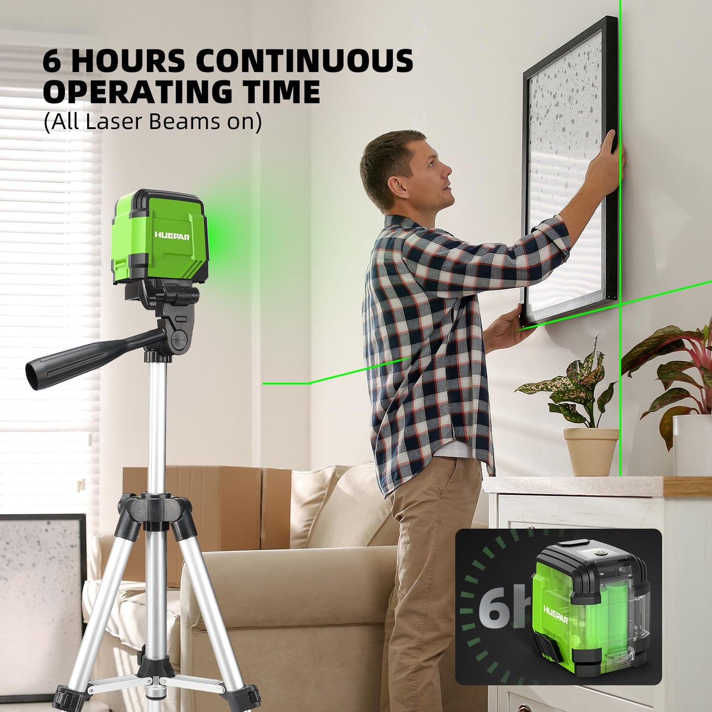 Laser Level with 40in Tripod, HUEPAR 98Ft Self Leveling Laser Level Green Line Laser Cross Line Laser Leveler Tool for Picture Hanging, Home Renovation, Indoor Project, Battery&Carrying Bag Included