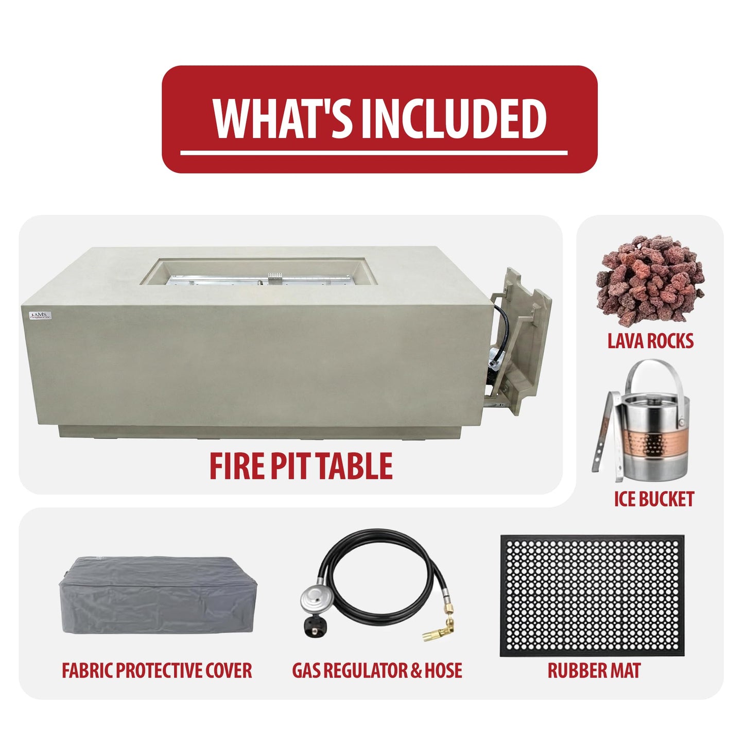 AMS Fireplace Genuine Concrete Rectangular Propane Fire Pit Table for Outside Patio (66" Sedona) | Hidden Tank Drawer & Electronic Ignition | w/Bonus Ice Bucket and Rubber Mat (Light Gray)