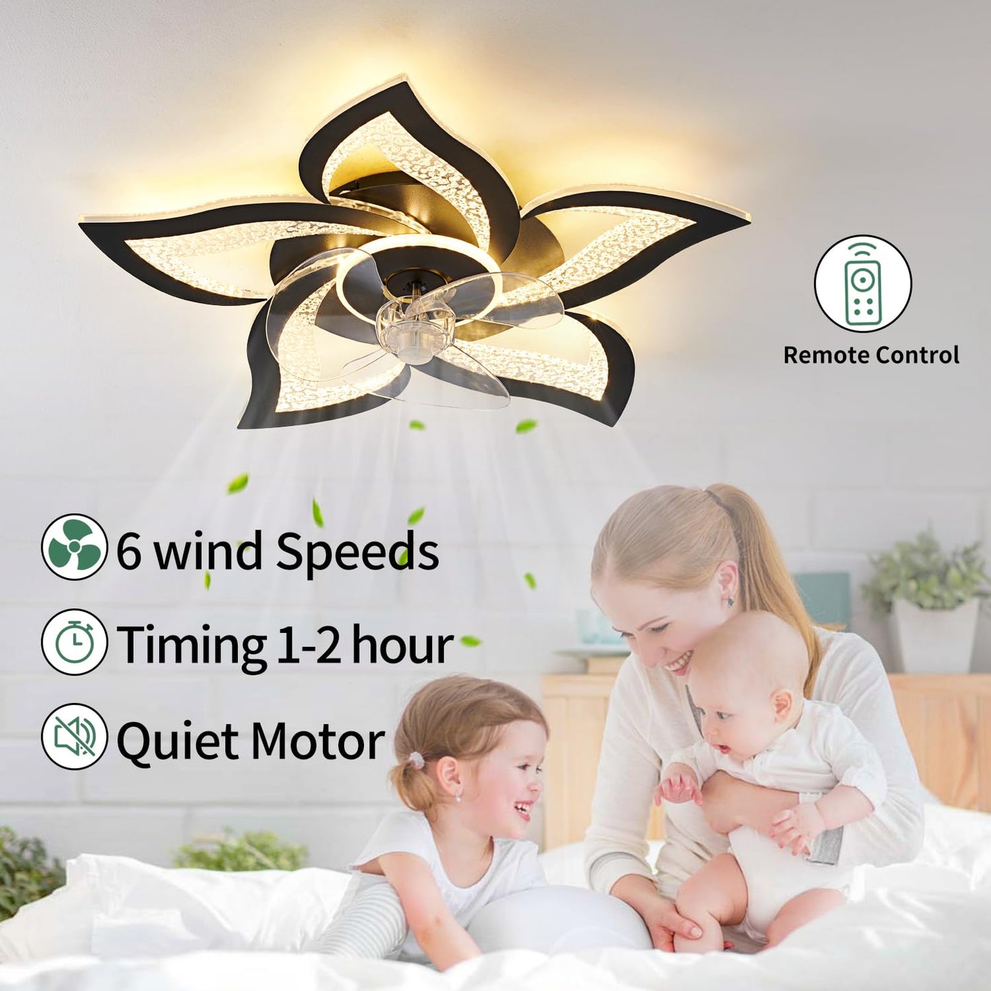 Yfrest Ceiling Fan with Lights Remote Control, Black Personalized Ceiling Fan with Light, 6 Speeds 3 Light Color Flush Mount Ceiling Fan for Kitchen Bedroom