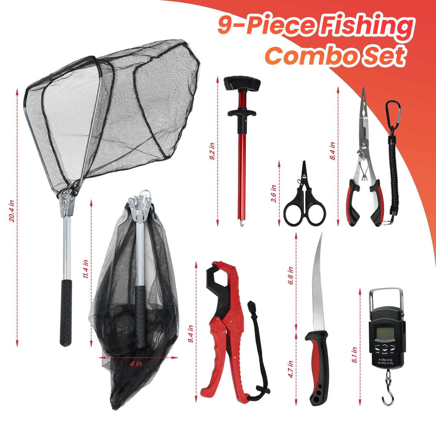 RAWILL 9 Pcs Fishing Tool Kit, Landing Net, Fillet Knife, Hook Remover, Fish Grip, Fish Scale, Pliers with Lanyards, Scissors, As A Gift for Anglers - Red (Not Include Batteries)