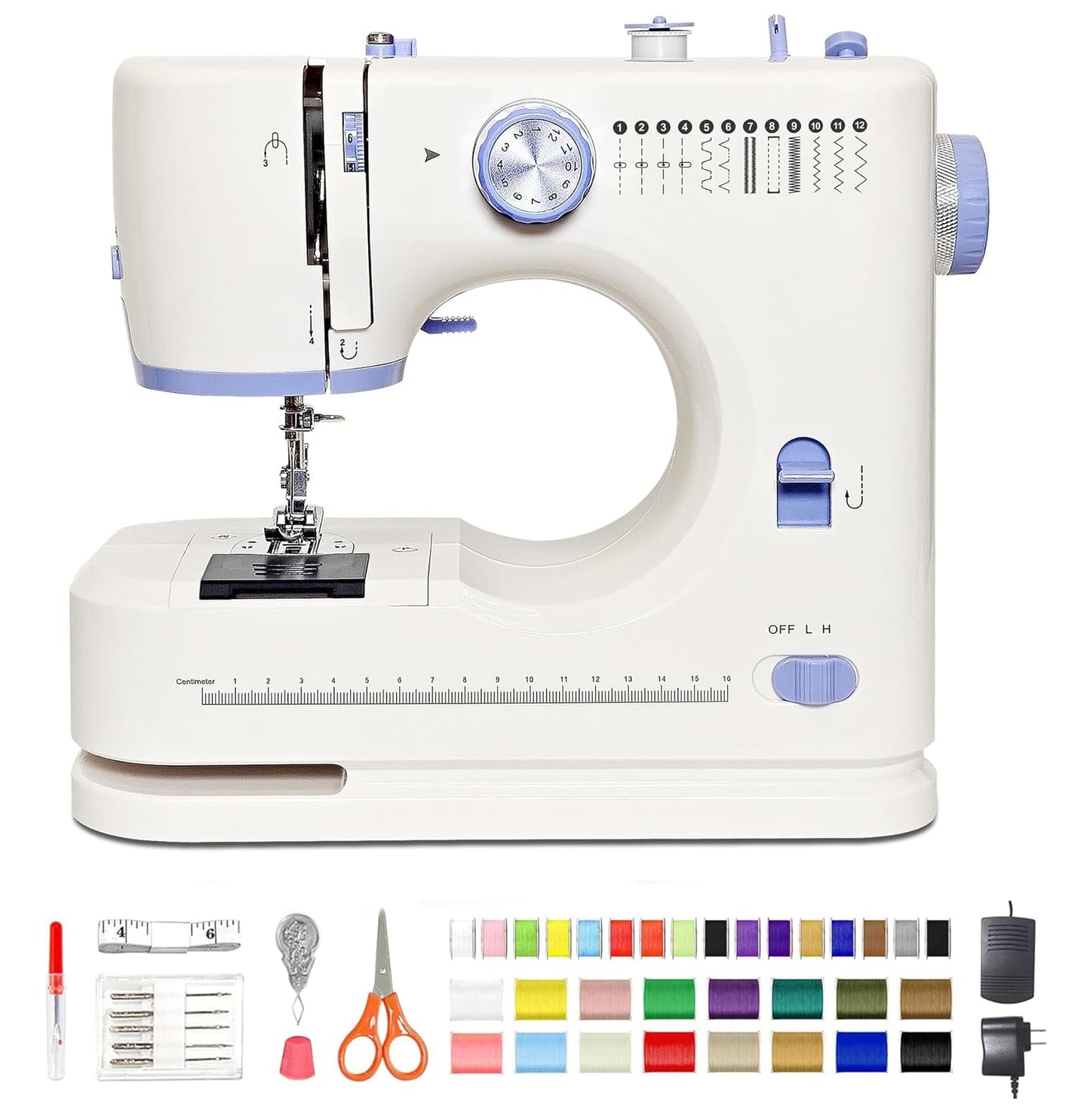 Sewing Machine for Beginners with 42 Pcs Sewing Threads Kit,Portable Sewing Machine with 12 Built-in Stitches,2 Speed(High-Low Speeds) Sewing machine for adults, White Blue
