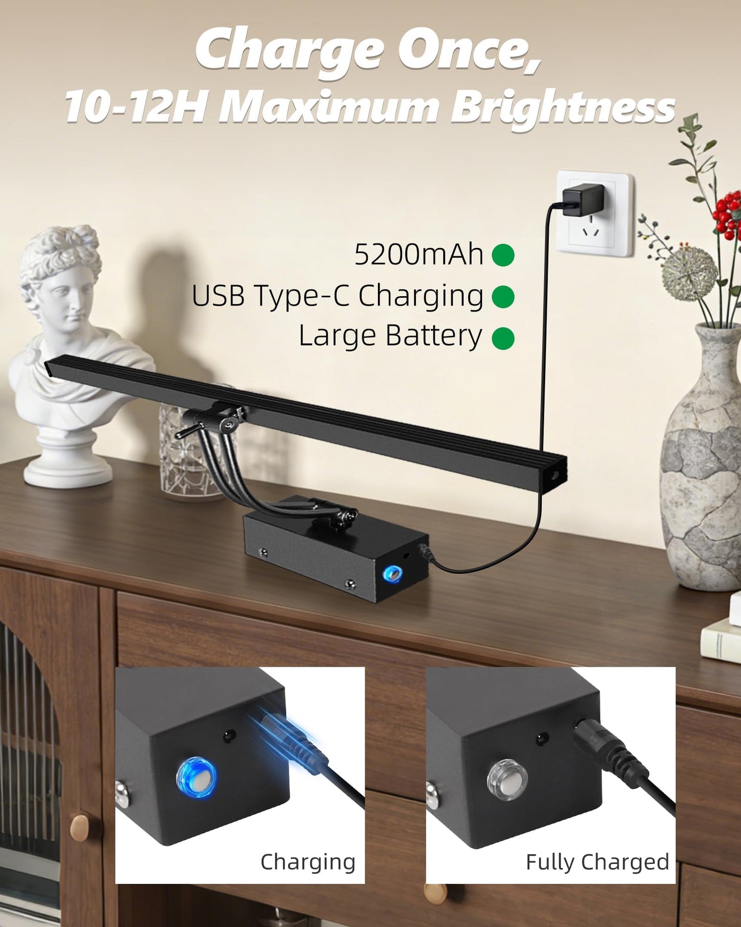 4 Pack Rechargeable Picture Light, 5200mAh Black Battery Operated Picture Lights for Wall with Remote Control, 300LM 3000K Warm White Light 16" Metal Dimmable Picture Light for Painting & Artwork