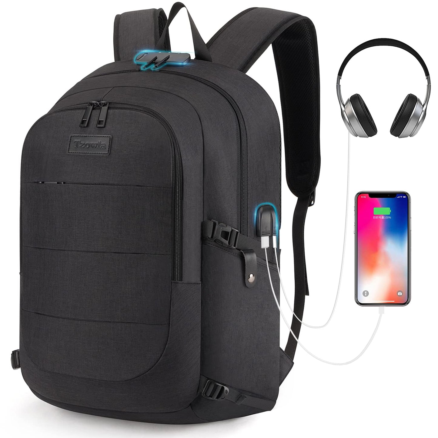 Tzowla Travel Laptop Backpack Water Resistant Anti-Theft Bag with Giant Tumbler Holder Pocket and Lock 15.6 Inch Computer Business Backpacks for Women Men Work College,Casual Daypack(Black)