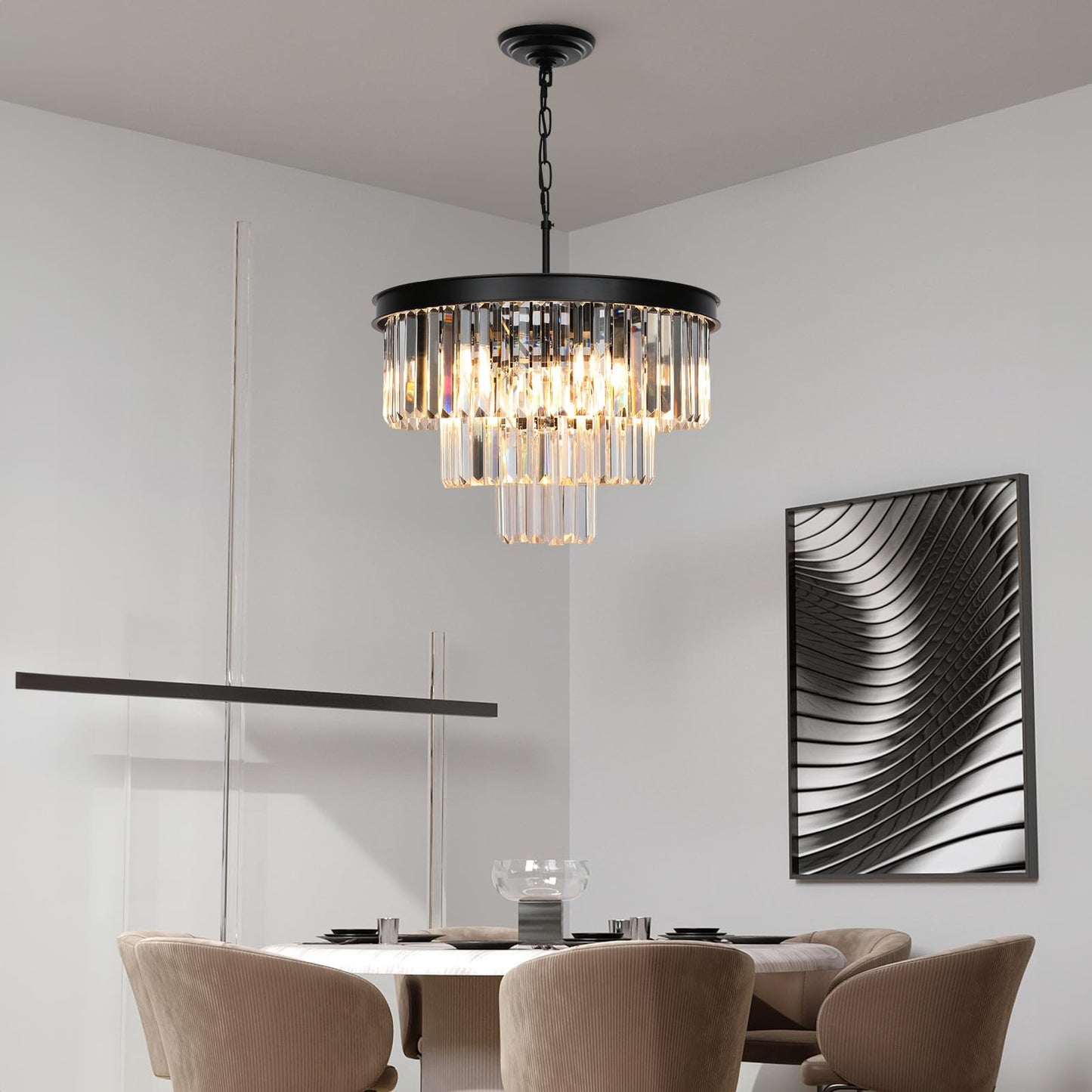 Weesalife Crystal Chandeliers for Dining Room Lights Fixtures, 9 Lights Black Modern Chandeliers for Bedroom, 3-Tier Round Crystal Lighting Fixtures for Living Room Entryway Kitchen Island D20 Inch