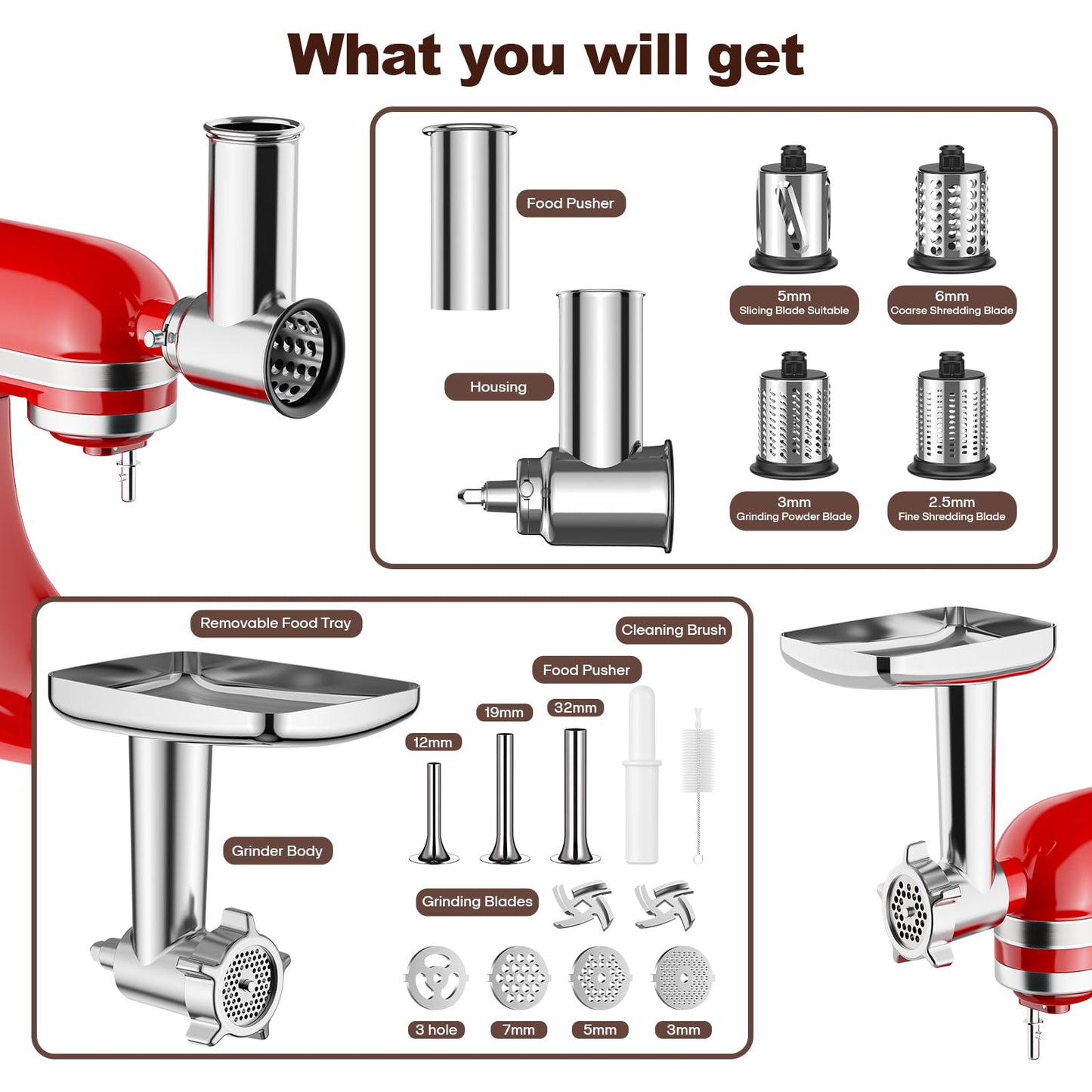 Meat Grinder & Stainless Steel Cheese Grater Attachment for KitchenAid Stand Mixer - 2 Pcs Kitchen Aid Accessories and Attachments Including Slicer Shredder and Food Grinder Attachment