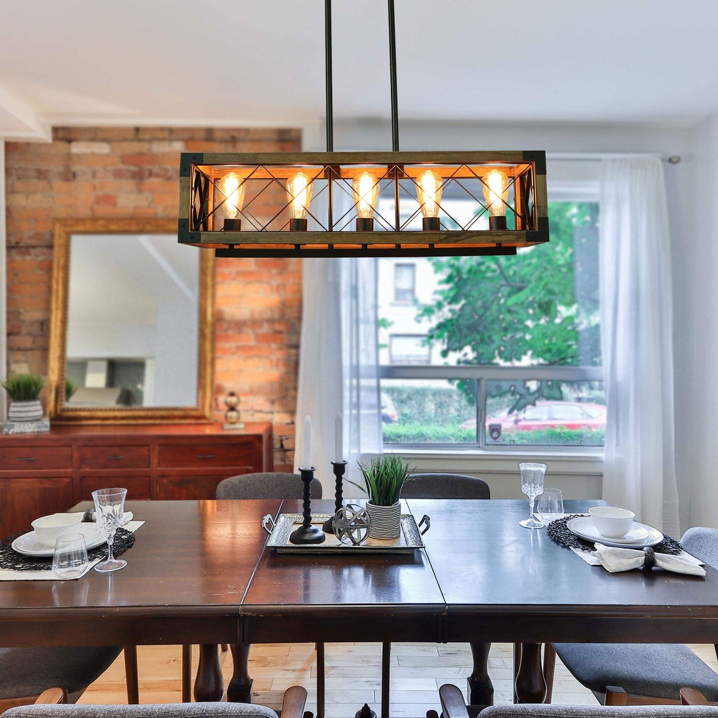 Giluta Rectangle Wood Chandelier Farmhouse Style Dining Room Kitchen Lighting Fixtures, 5 Lights Ceiling Hanging Pendant Lighting UL Listed