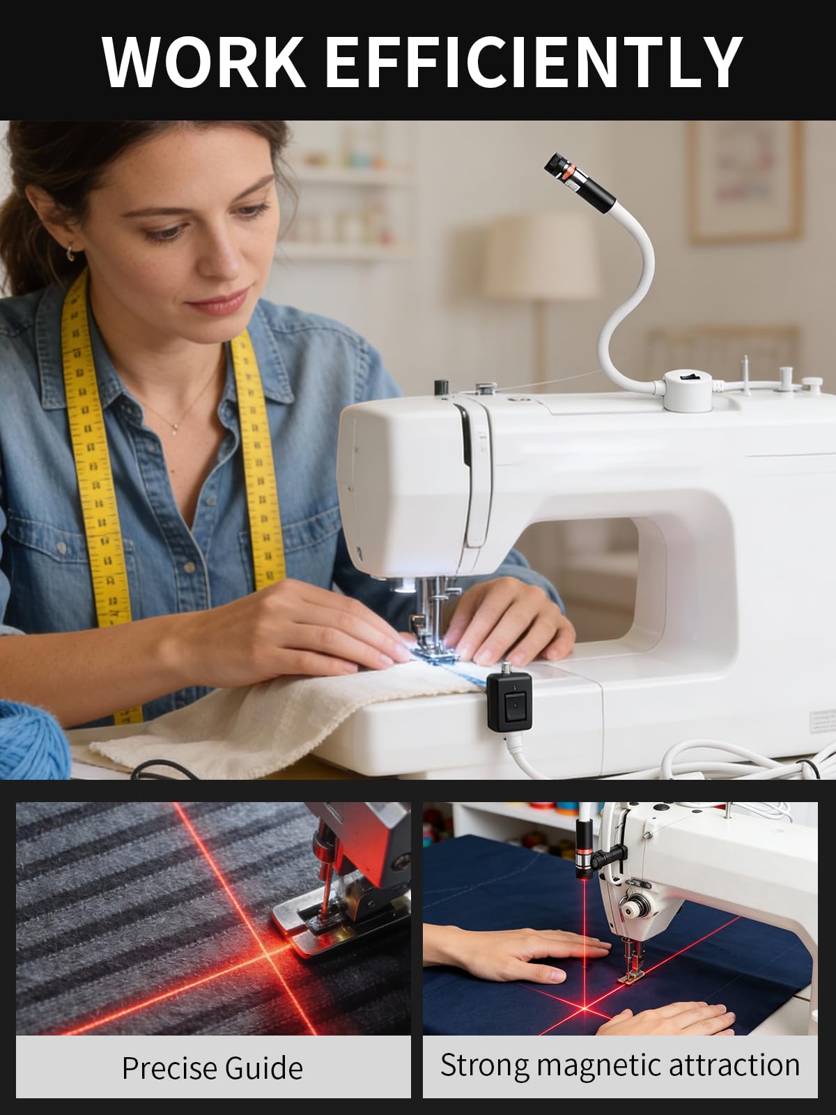 Magnetic Positioning Quilting Light for Sewing Machine Laser Miter Saw Seam Accessories Guide Stitch Straight Line Red with Accurate Alignment Sticker Heat Press Marking System Lazer (Crosslight-Plug)