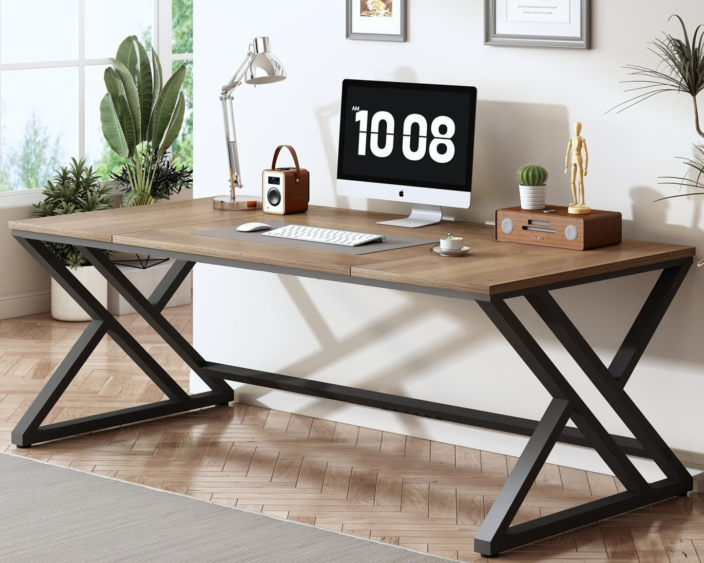 HSH Rustic Long Computer Desk, Industrial Large Wood Metal Office Table, Writing Work Study Station, Farmhouse Workstation Gaming Executive for 2 Person, Rustic Oak, 70 Inch