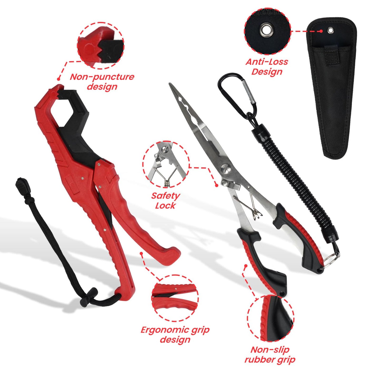 RAWILL 9 Pcs Fishing Tool Kit, Landing Net, Fillet Knife, Hook Remover, Fish Grip, Fish Scale, Pliers with Lanyards, Scissors, As A Gift for Anglers - Red (Not Include Batteries)
