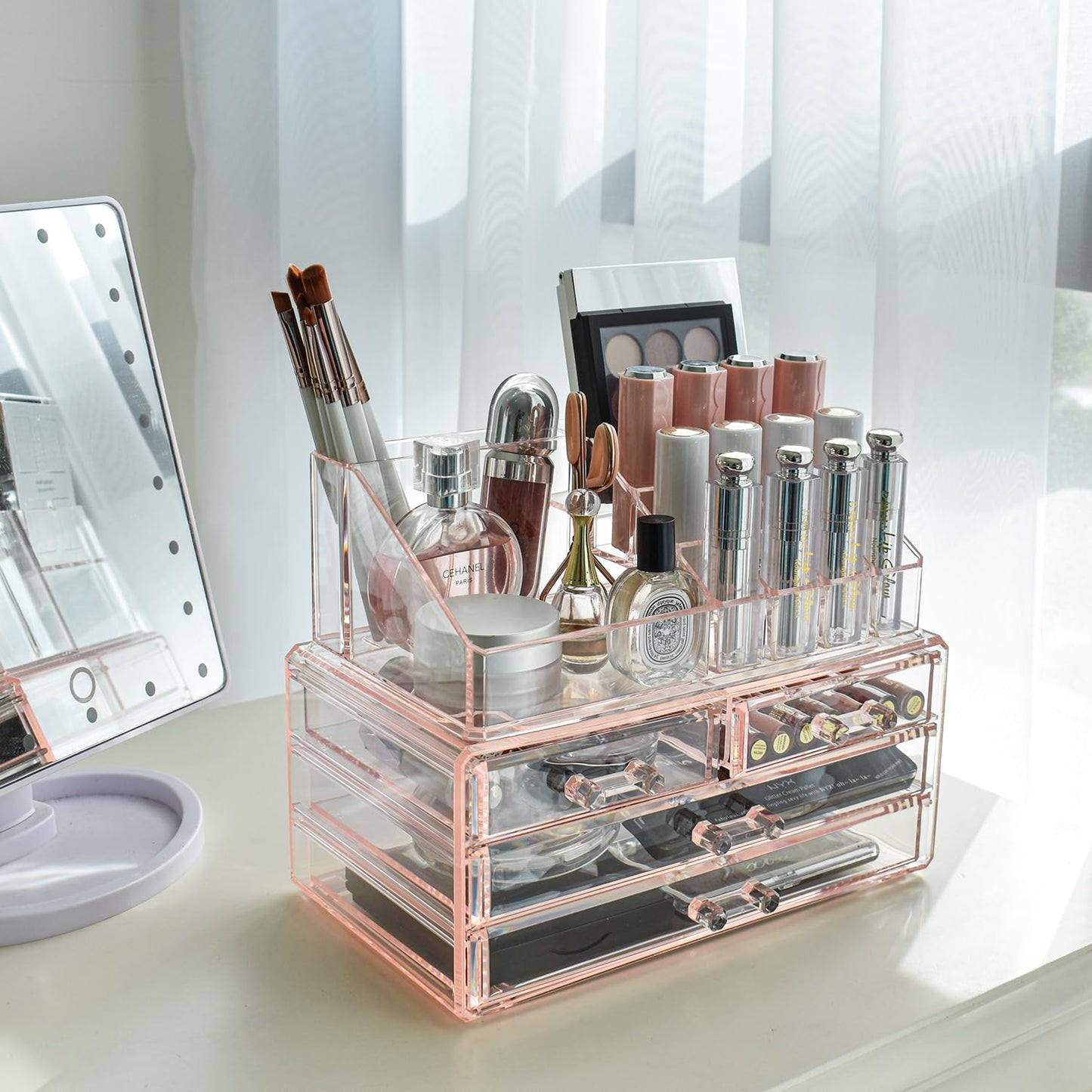 Ikee Design Pink Jewelry & Cosmetic Storage Display Boxes Two Pieces Set, Pink Cosmetic Jewelry Organizer Makeup Holder, Organizer for Vanity