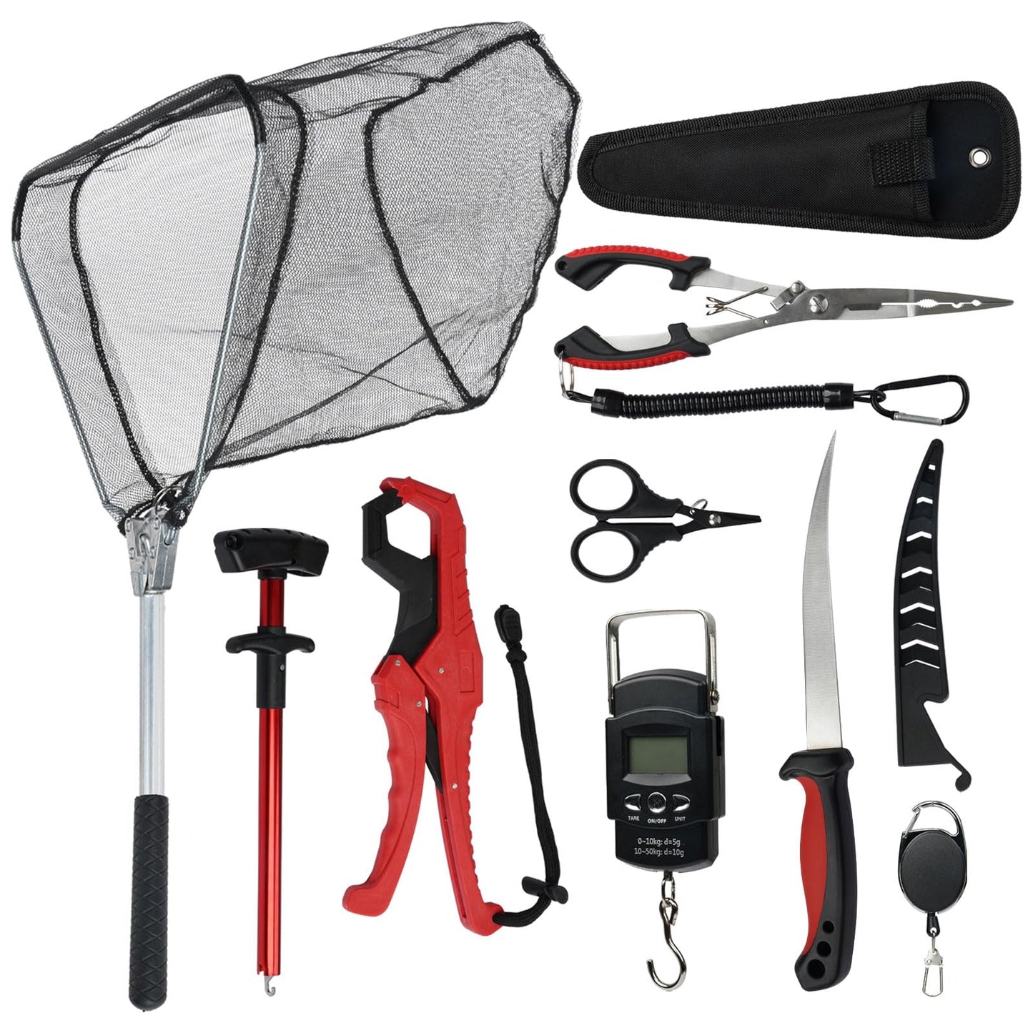 RAWILL 9 Pcs Fishing Tool Kit, Landing Net, Fillet Knife, Hook Remover, Fish Grip, Fish Scale, Pliers with Lanyards, Scissors, As A Gift for Anglers - Red (Not Include Batteries)
