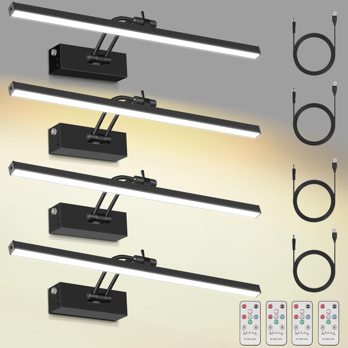 4 Pack Rechargeable Picture Light, 5200mAh Black Battery Operated Picture Lights for Wall with Remote Control, 300LM 3000K Warm White Light 16" Metal Dimmable Picture Light for Painting & Artwork