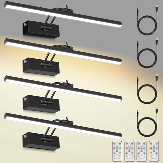4 Pack Rechargeable Picture Light, 5200mAh Black Battery Operated Picture Lights for Wall with Remote Control, 300LM 3000K Warm White Light 16" Metal Dimmable Picture Light for Painting & Artwork