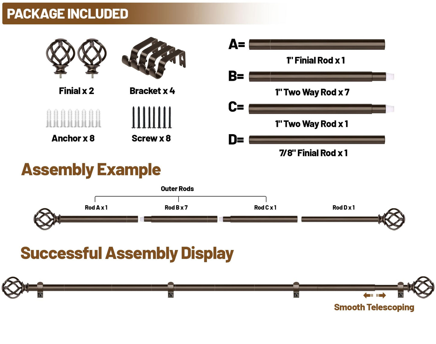 KAMANINA Bronze Curtain Rods for Windows 72 to 144 Inches (6-12ft), 1 Inch Long Curtain Rod 32 to 144, Heavy Duty Decorative Single Drapery Rods, Twisted Cage End
