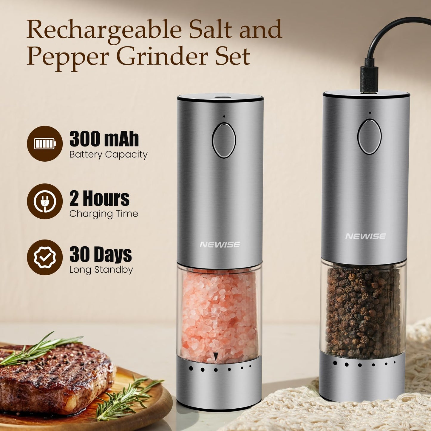 Newise Electric Salt and Pepper Grinder Set - Birthday Kitchen Gifts for Women, Mom, Rechargeable with LED Lights, Stainless Steel Automatic Mill, Adjustable Coarseness, Large Capacity, Silver