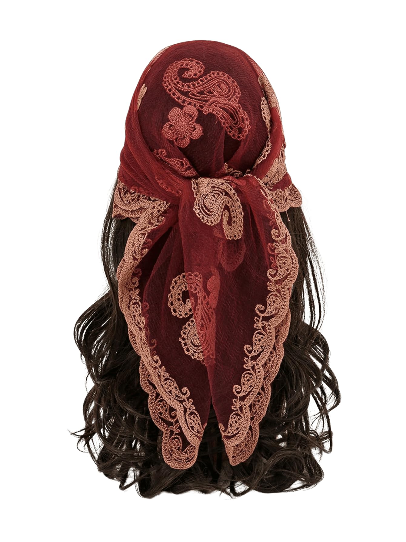 Floerns Women's Flower Embroidery Hair Scarf Headband Sheer Lace Hair Bandana Maroon One-Size