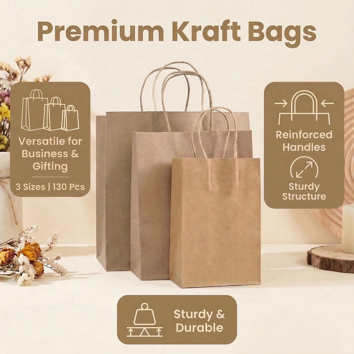 PAICUIKE 130pc Brown Paper Bags with Handles Bulk Brown Gift Bags - Assorted Sizes for Party, Retail & Business Use, Birthday,Weeding, Baby Shower