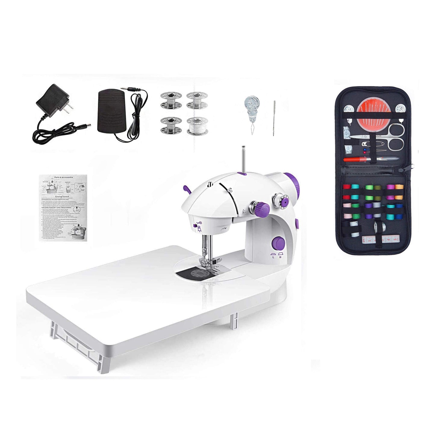 Mini Sewing Machine for Beginners-Maquina de Coser, Easy Automatic Sewing Machine with Extension Table, Household Electric Portable Sewing Tool with Sewing Kit, Small, for All Age, Kids or Adults
