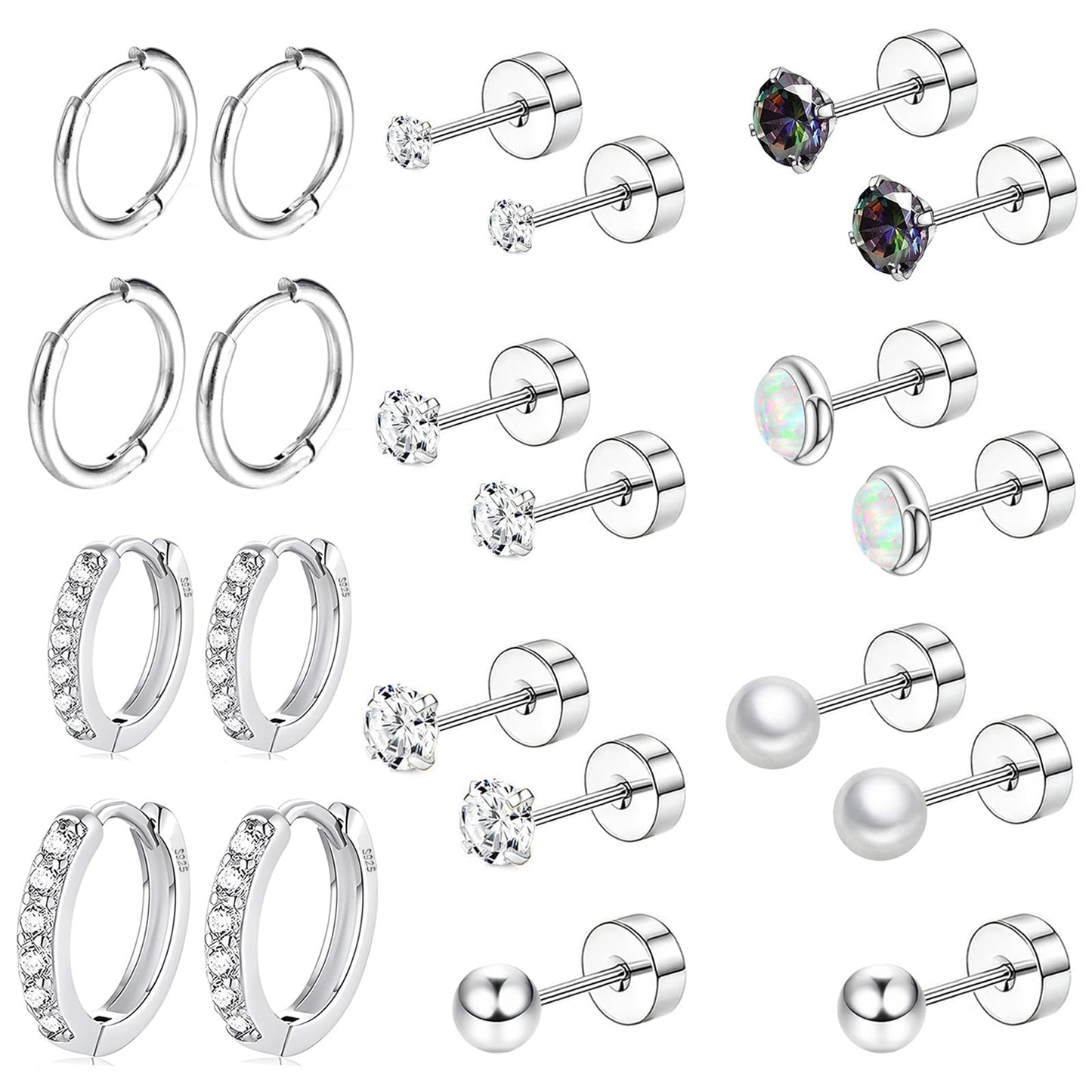 Hypoallergenic Flat Back Earring Sets for Multiple Piercing Sterling Silver Small Huggie Hoop Earrings for Women Surgical Stainless Steel FlatBack Silver Stud Earrings Trendy Cartilage Earring Stacks