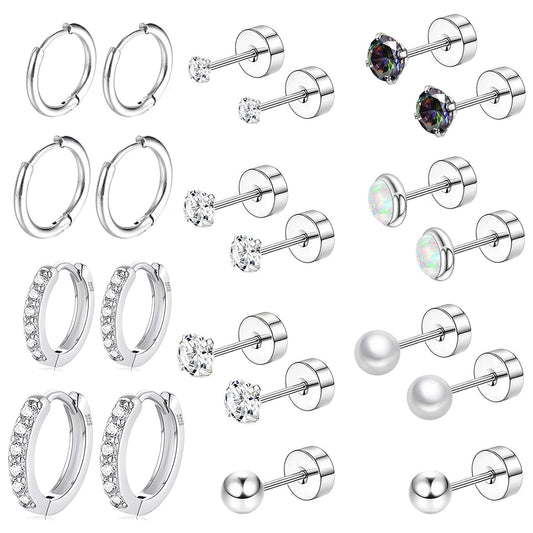Hypoallergenic Flat Back Earring Sets for Multiple Piercing Sterling Silver Small Huggie Hoop Earrings for Women Surgical Stainless Steel FlatBack Silver Stud Earrings Trendy Cartilage Earring Stacks