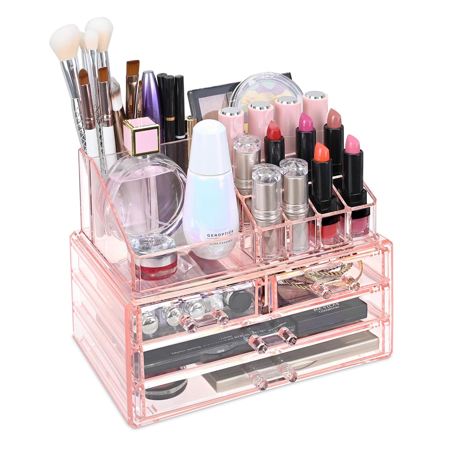 Ikee Design Pink Jewelry & Cosmetic Storage Display Boxes Two Pieces Set, Pink Cosmetic Jewelry Organizer Makeup Holder, Organizer for Vanity