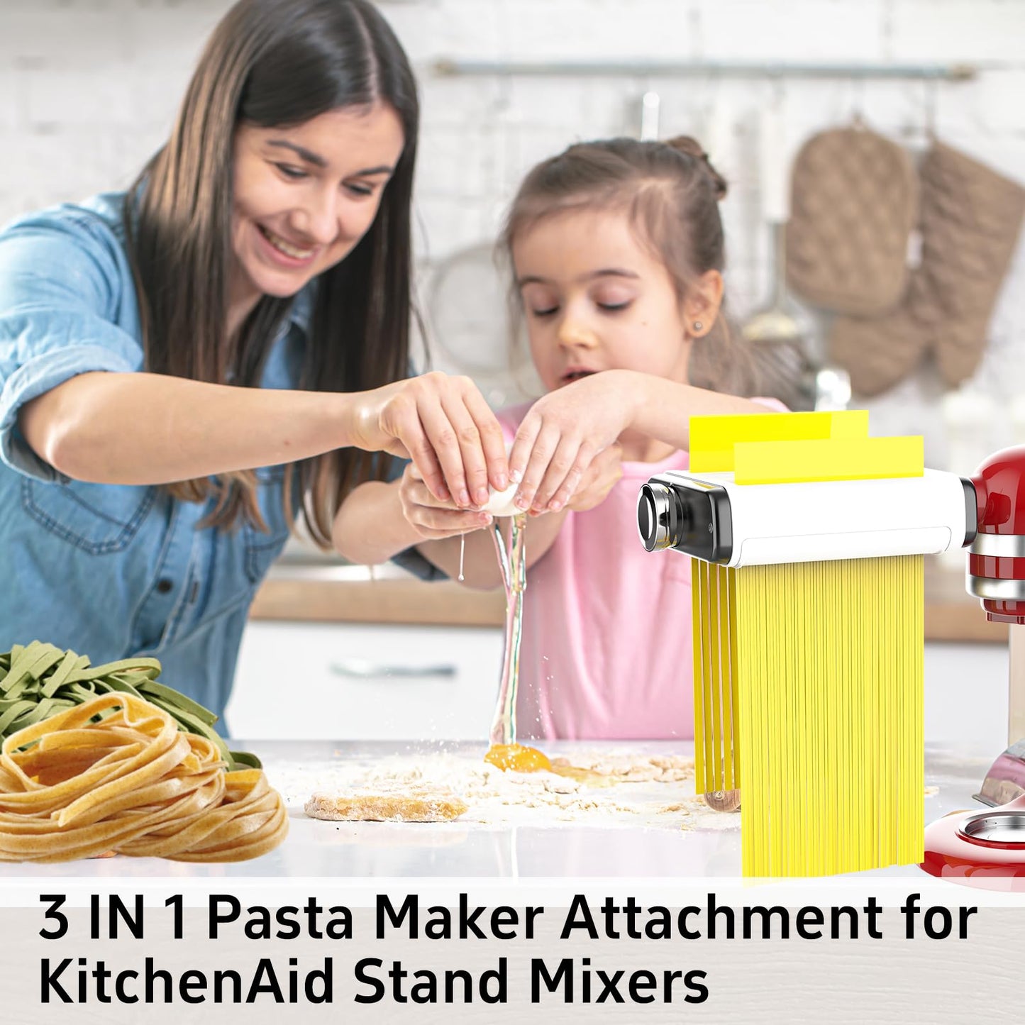 Pasta Maker Attachment for All Kitchenaid Mixers, Noodle Maker Kitchen Aid Mixer Accessories 3 In 1 Including Dough Roller Spaghetti Fettuccine Cutter - Homemade Fresh Pasta Easily!