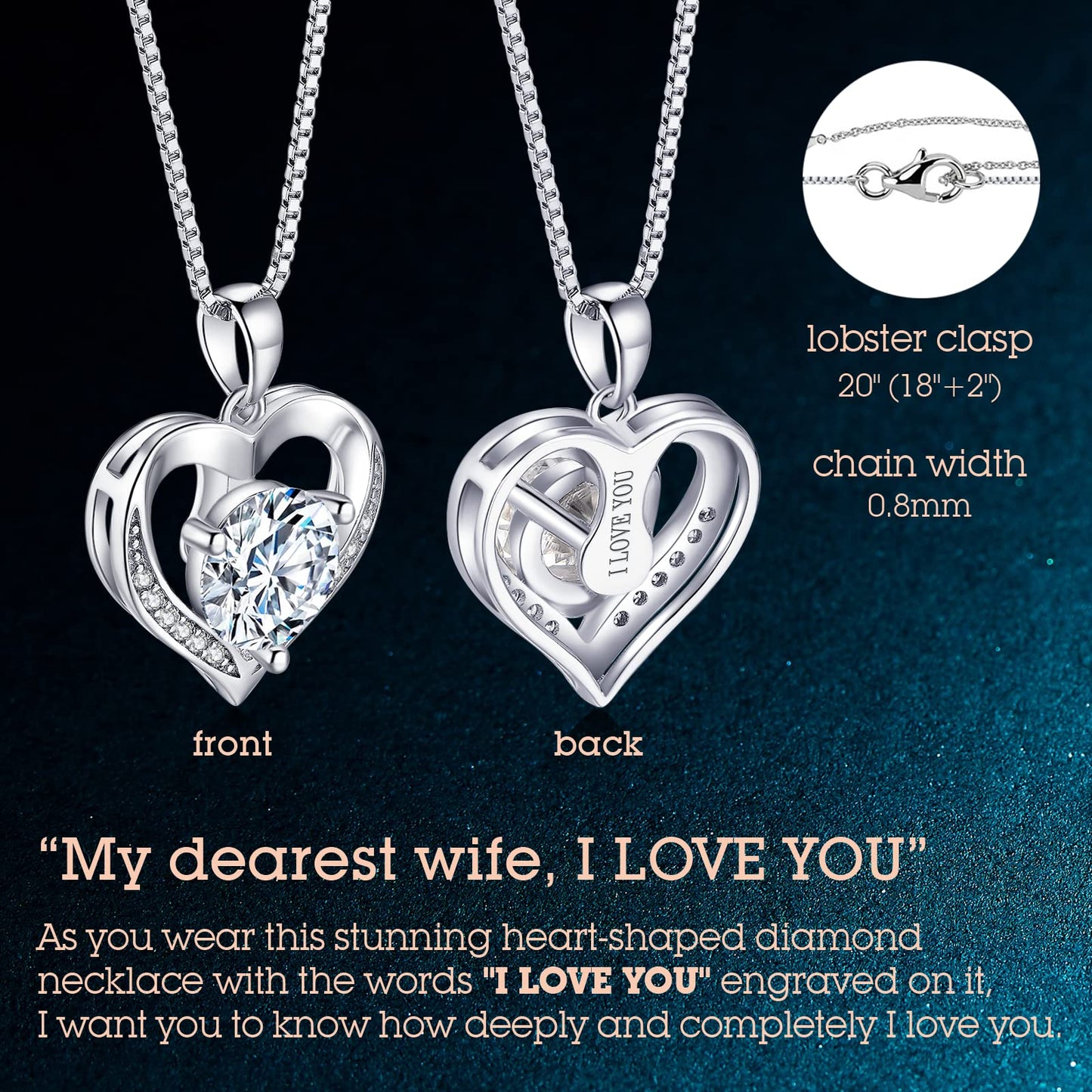 ONLYLIKE Heart Pendant Necklace Gifts for Wife, Engraved 'I LOVE YOU' 2 Carat Moissanite Necklace, Anniversary Eternity Jewelry Present, Birthday Gifts for Women