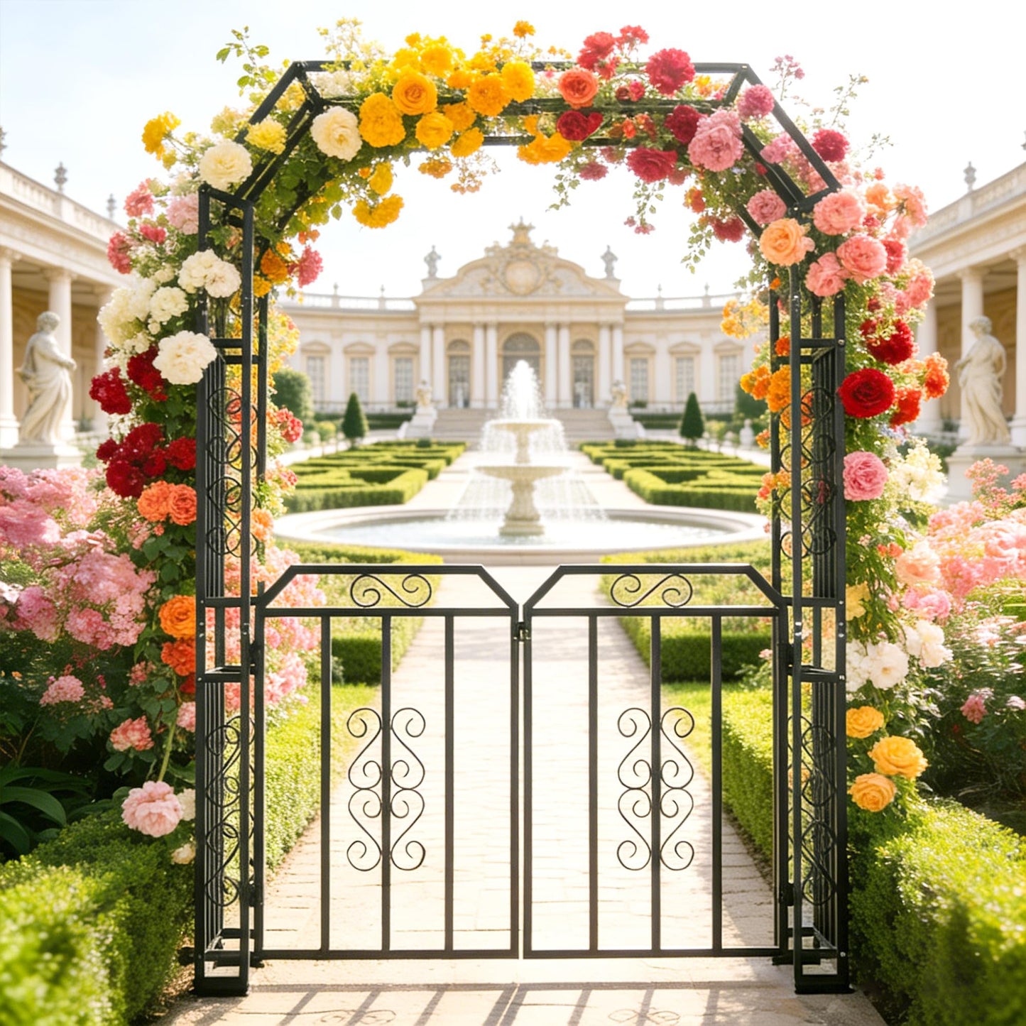 YOHKOH Garden Arch with Gate, Metal Garden Arbor with Gate, Double Lockable Design, 59" W x 15.7" D x 94.8" H Outdoor Arch for Climbing Plants, Heavy-Duty Outdoor Arbor for Wedding, Lawn and Backyard