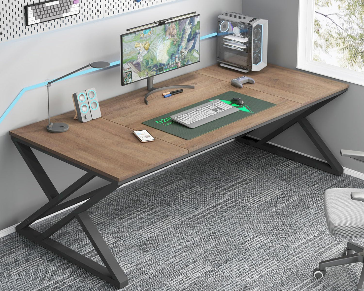HSH Rustic Long Computer Desk, Industrial Large Wood Metal Office Table, Writing Work Study Station, Farmhouse Workstation Gaming Executive for 2 Person, Rustic Oak, 70 Inch