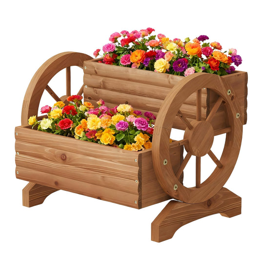 Wooden Wagon Planter Outdoor Flower Cart with Wheels Garden Planter, Decor Planter for Patio Balcony Decoration Succulent Flower Pot for Indoor Backyard Balcon Yard Decor planters (Brown)