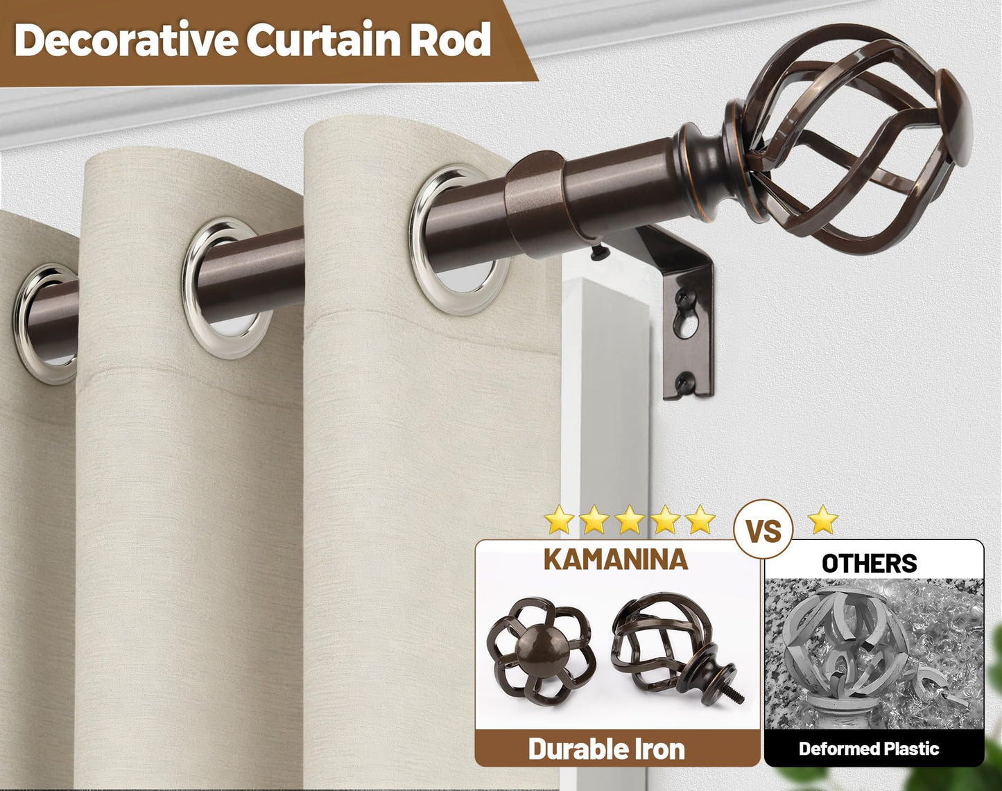 KAMANINA Bronze Curtain Rods for Windows 72 to 144 Inches (6-12ft), 1 Inch Long Curtain Rod 32 to 144, Heavy Duty Decorative Single Drapery Rods, Twisted Cage End