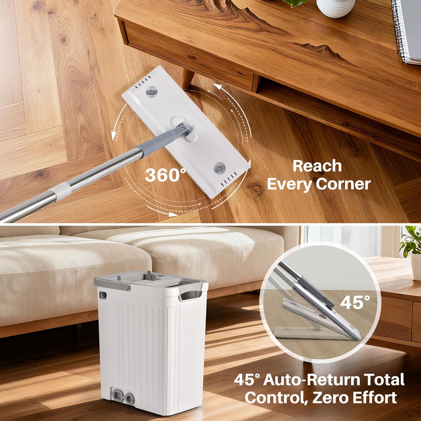 Mop and Bucket Set with AUTO Pump, 3-Zone Separate Dirty and Clean Water, Flat Mop and Bucket System with Wringer and Wheels, 4 Reusable Microfiber Pads, One-Touch Water Filling for Home Cleaning
