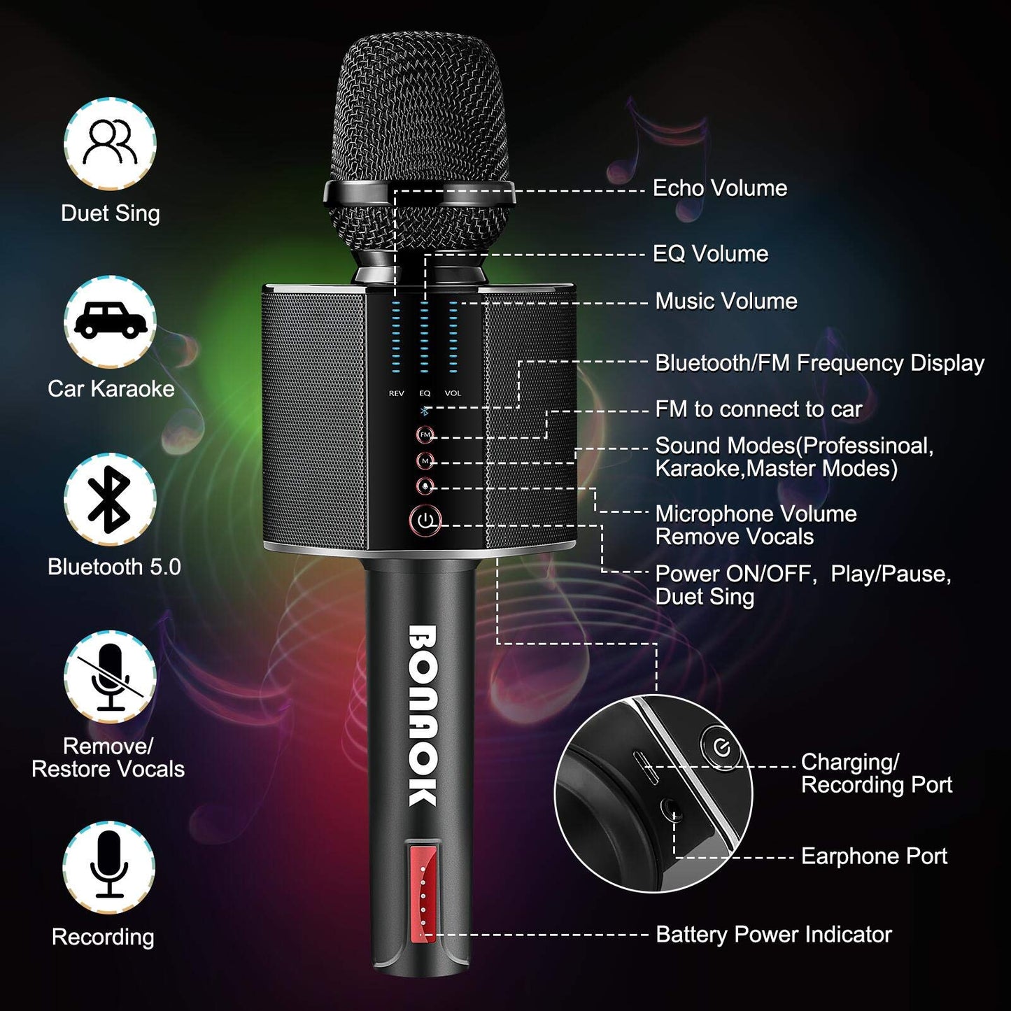BONAOK Karaoke Microphone, Portable Wireless Bluetooth Karaoke Mic for Adults&Kids Car Home Outdoor Party, Karaoke Machine for PC/All Smartphone G50 Black 2025