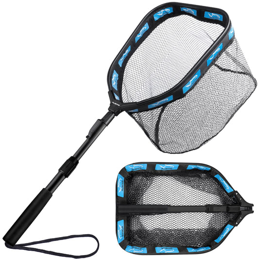 PLUSINNO Floating Fishing Net for Steelhead, Salmon, Fly, Kayak, Catfish, Bass, Trout Fishing, Rubber Coated Foldable Landing Net with Telescoping Pole Handle, Fishing Gear and Gifts for Men (1.0m)