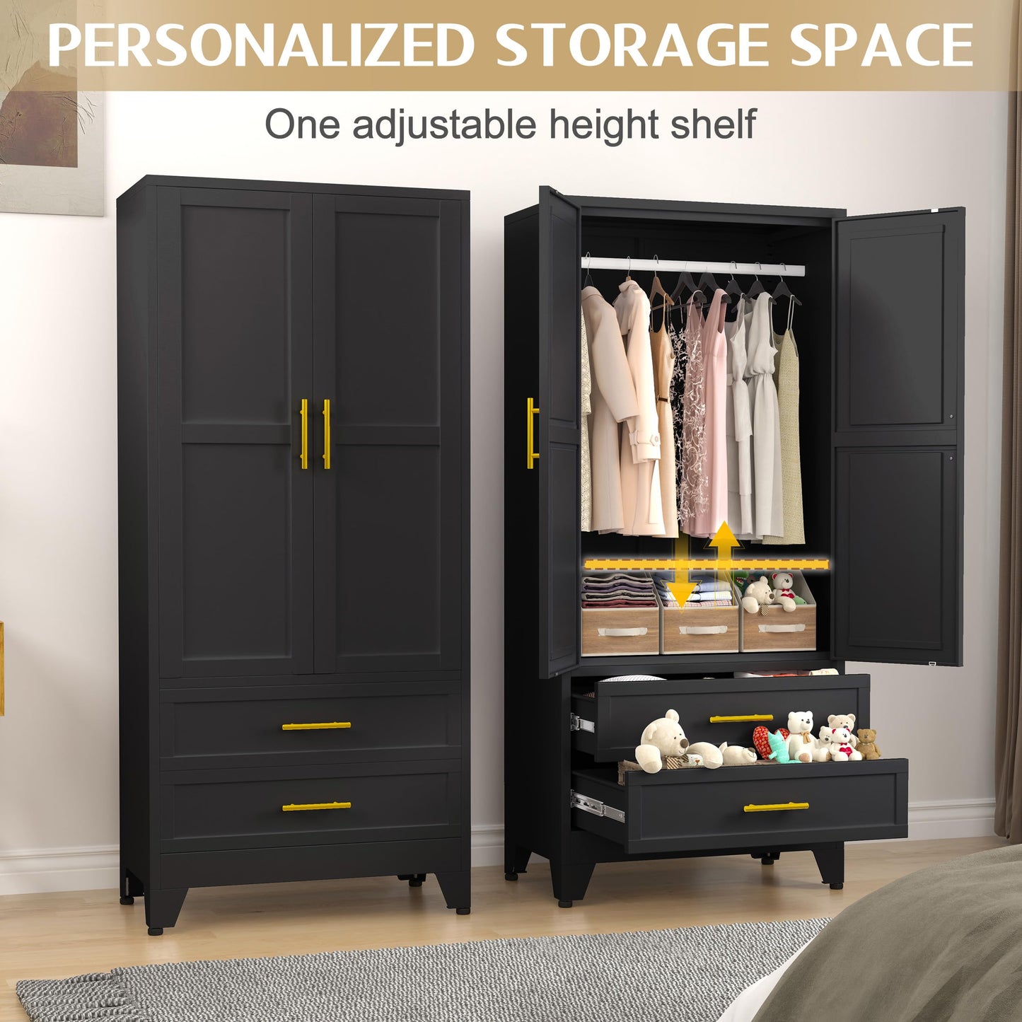 GAIOUS Steel Armoire Wardrobe Closet, 71" Metal Clothing Storage Cabinets with 2 Doors, 1 Adjustable Shelf and 2 Drawers, Metal Wardrobe Cabinet with Hanging Rod for Bedroom, Gym, Cloak Room (Black)