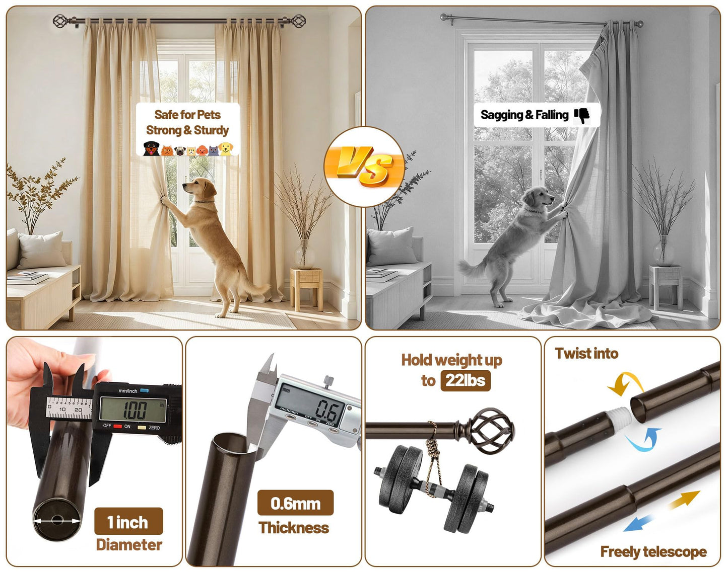 KAMANINA Bronze Curtain Rods for Windows 72 to 144 Inches (6-12ft), 1 Inch Long Curtain Rod 32 to 144, Heavy Duty Decorative Single Drapery Rods, Twisted Cage End