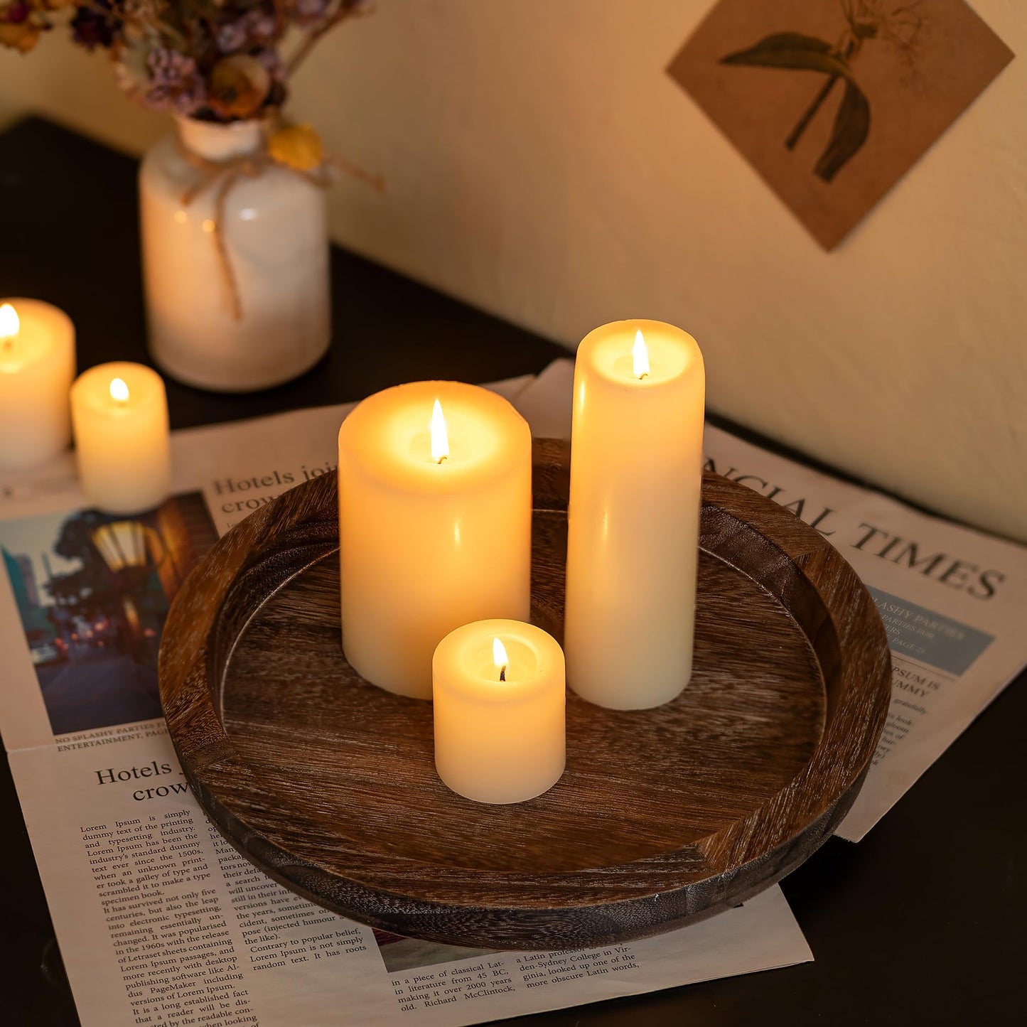 Hanobe Candle Plate Holder Tray: Round Wood Decorative Candle Plate - Rustic Farmhouse CoffeeTable Decor - Tealight Pillar Trays for Home Decor (Distressed)